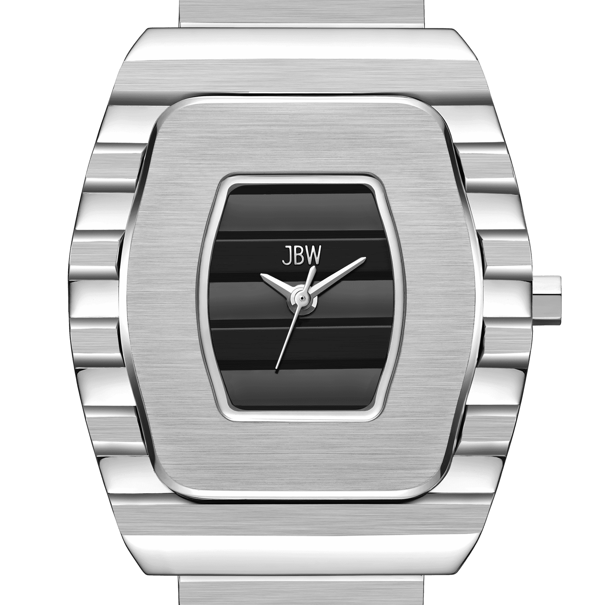 The JBW Watches Atlas (Sample Sale) | J6403D-SC women's watch features a silver rectangular ridged metal case, black face with silver hands, stainless steel bracelet, and the “JBW” logo at the top for a modern, sleek look.