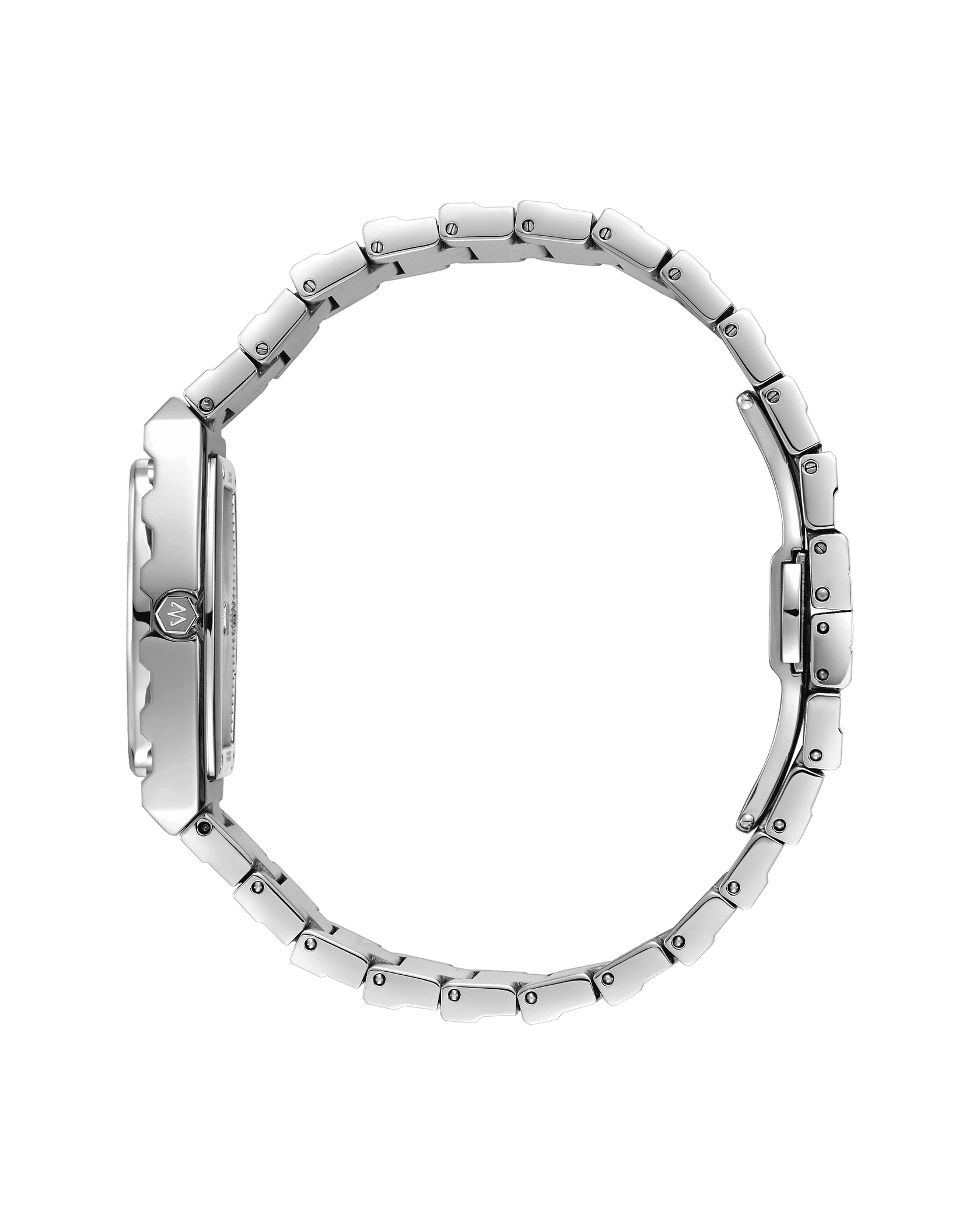 Side view of the JBW Watches Atlas (Sample Sale) | J6403D-SC, a silver women's watch with a stainless steel bracelet and round case, showing its profile and clasp against a plain white background.