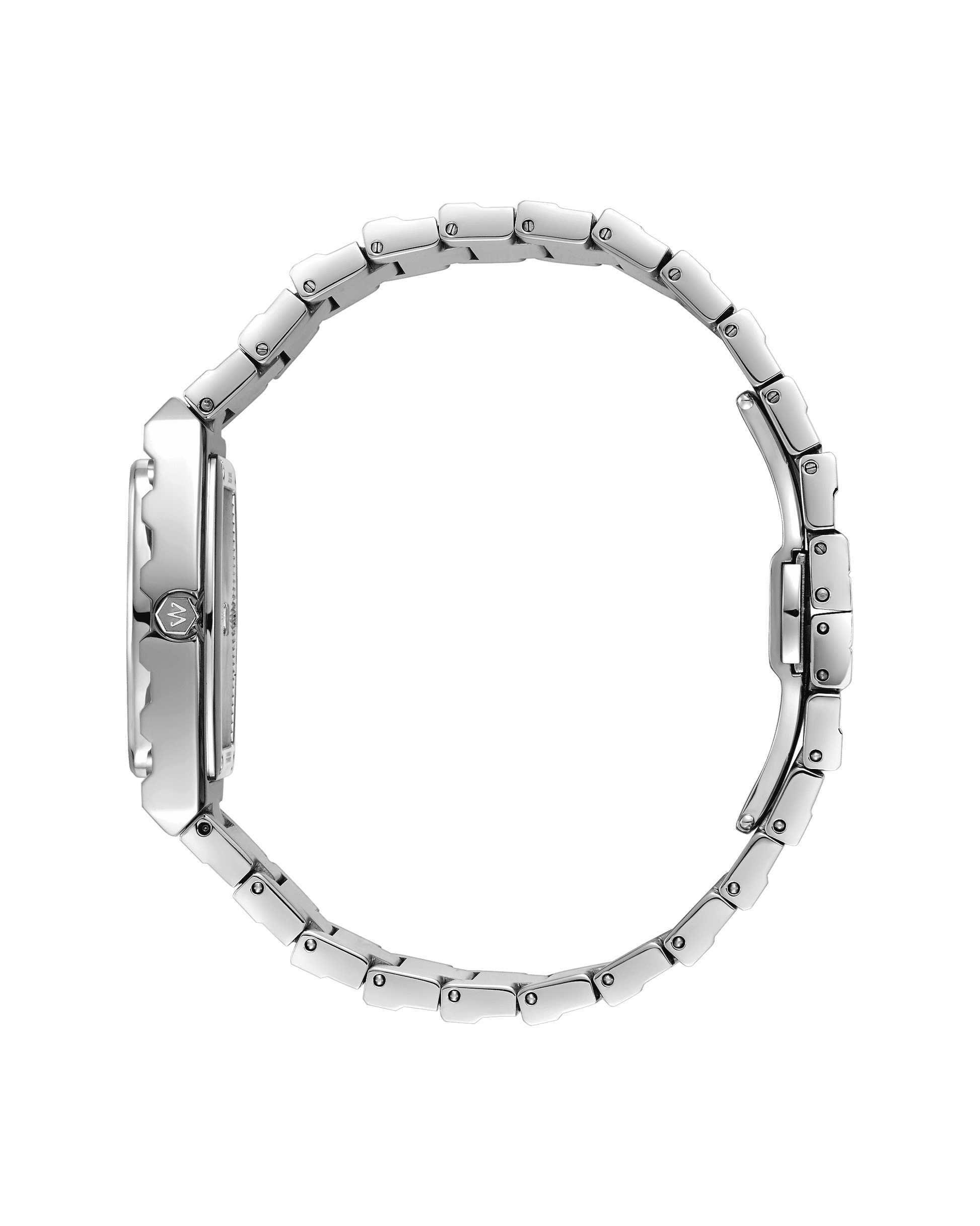 Side view of the JBW Watches Atlas (Sample Sale) | J6403D-SC, a silver women's watch with a stainless steel bracelet and round case, showing its profile and clasp against a plain white background.