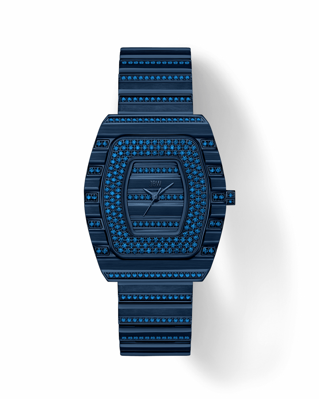 The RESERVE Atlas Bleu | R6404A by JBW Watches is a limited edition luxury wristwatch with a rectangular face and band encrusted with blue gemstones, boasting a monochromatic geometric design and shown on a white background.