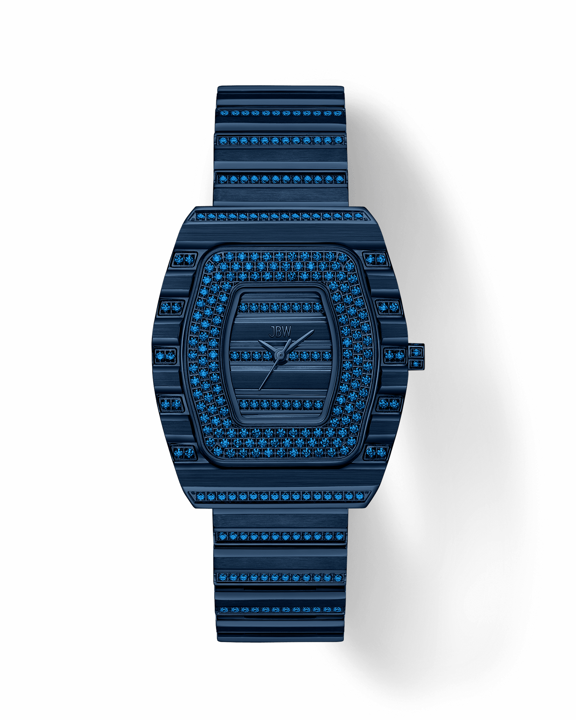 The RESERVE Atlas Bleu | R6404A by JBW Watches is a limited edition luxury wristwatch with a rectangular face and band encrusted with blue gemstones, boasting a monochromatic geometric design and shown on a white background.