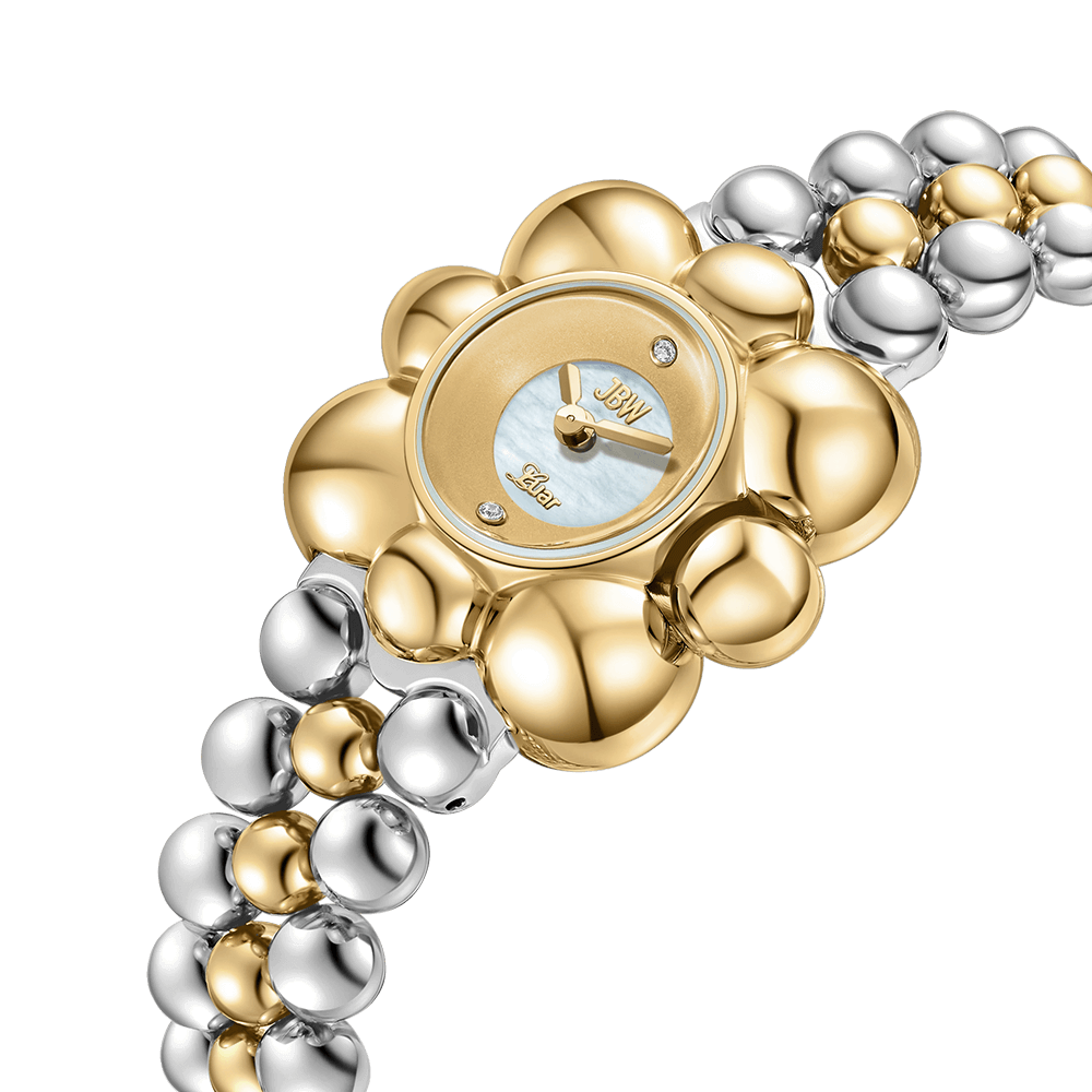 The JBW x Luar – Atmosphere (J6405C-SC) by JBW Watches is a luxury gold-tone stainless steel watch with a bubble-style bracelet, circular case, and a white mother-of-pearl dial accented by gold bubbles for an elegant, jewelry-inspired look.