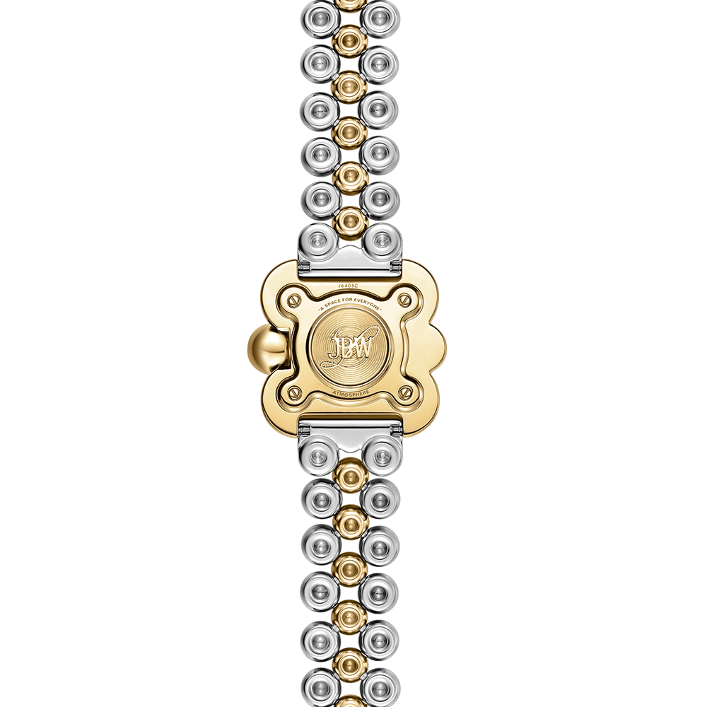 A close-up of the JBW x Luar – Atmosphere J6405C-SC Sample Sale watch by JBW Watches, showcasing its stainless steel gold case engraved with JBW and a link band featuring alternating gold and silver round links for a unique look.