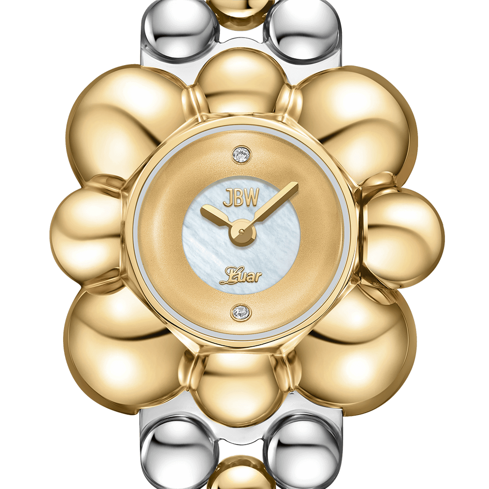 A close-up of the limited-edition JBW x Luar – Atmosphere wristwatch (J6405C-SC Sample Sale) featuring a round, flower-shaped bezel, mother of pearl dial, gold hands, diamond hour markers, and JBW and Luar branding.