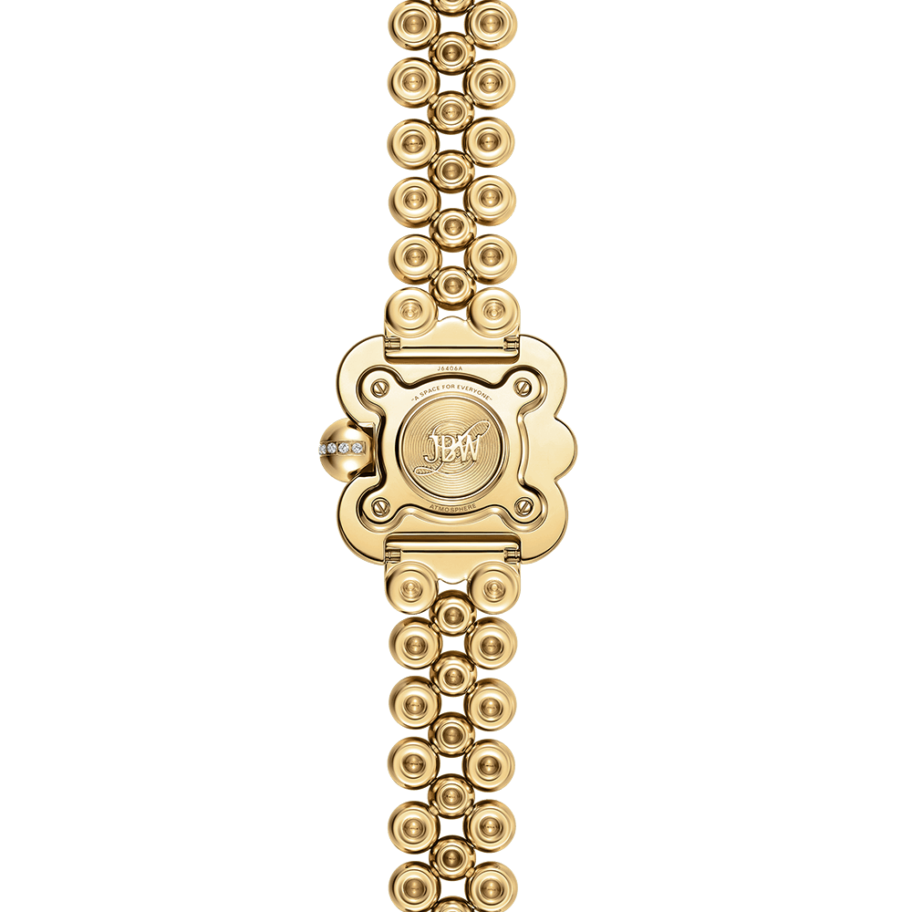 The JBW x Luar – Atmosphere (Sample Sale) | J6406A-SC by JBW Watches features an 18k gold-plated case, unique circular link bracelet, and a round decorative backplate engraved with JBW, elegantly displayed on a white background.