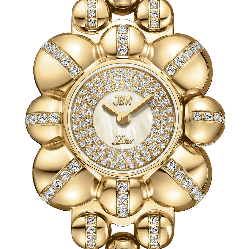 The JBW x Luar – Atmosphere (Sample Sale) | J6406A-SC by JBW Watches is an 18k gold-plated timepiece with a diamond-encrusted floral bezel, gold hands, a mother of pearl dial center, and JBW and Luar inscribed in gold.