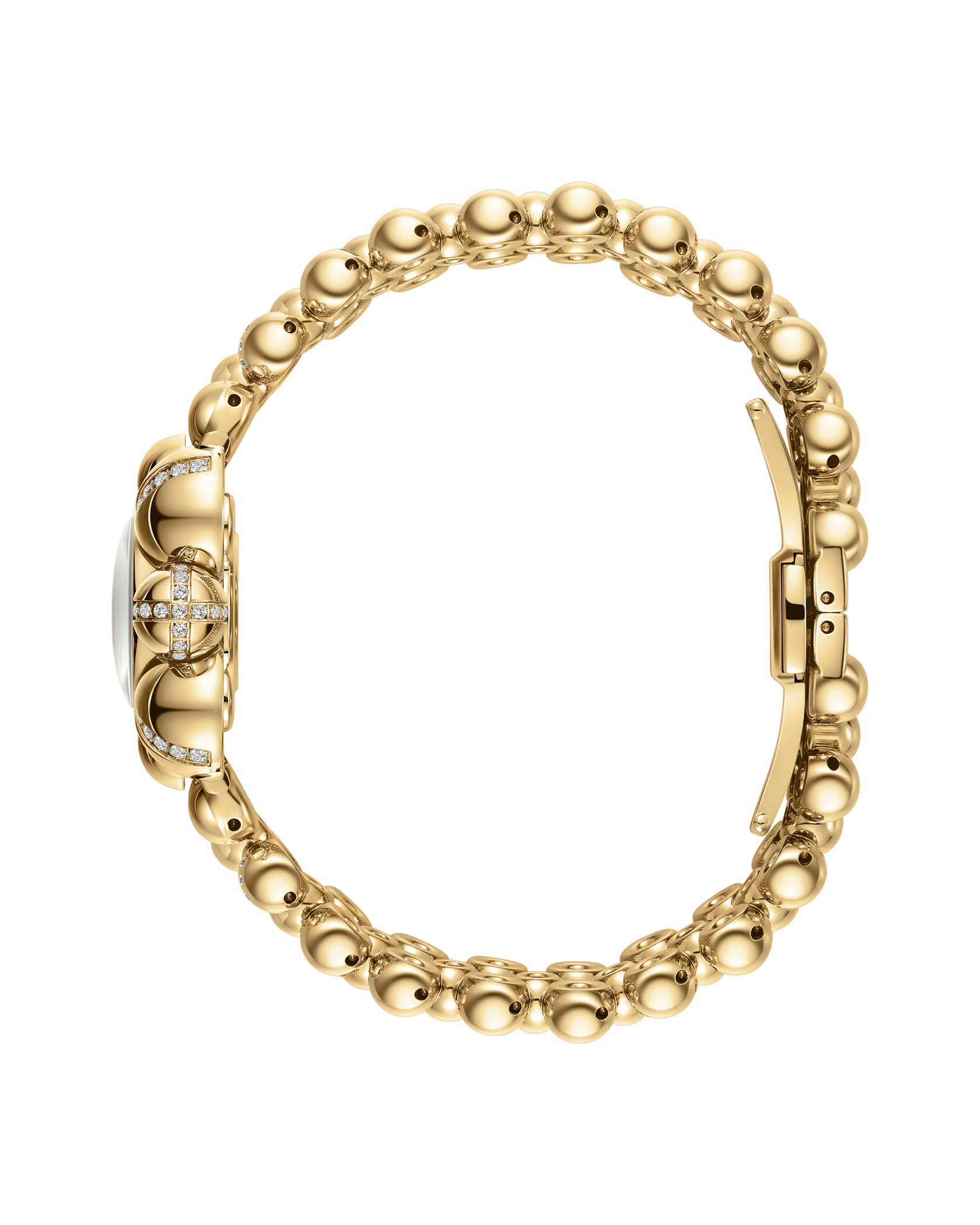 The JBW x Luar – Atmosphere (Sample Sale) | J6406A-SC by JBW Watches is an 18k gold-plated bracelet-style watch with a beaded band and jeweled clasp, shown side view against a white background. The watch face is not visible.