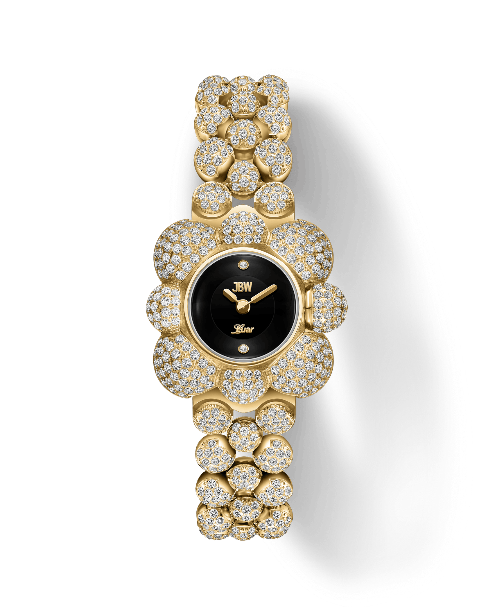 The JBW x Luar – Atmosphere Diamond | J6407A by JBW Watches is a gold wristwatch with a black face, flower-shaped bezel and band encrusted with lab-grown diamonds, powered by precise Swiss quartz movement.