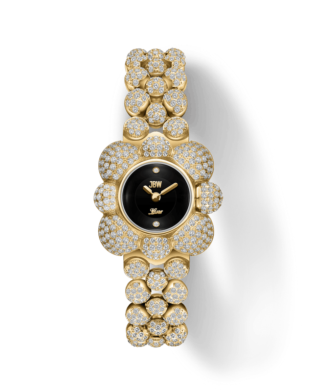 The JBW x Luar – Atmosphere Diamond | J6407A by JBW Watches is a gold wristwatch with a black face, flower-shaped bezel and band encrusted with lab-grown diamonds, powered by precise Swiss quartz movement.