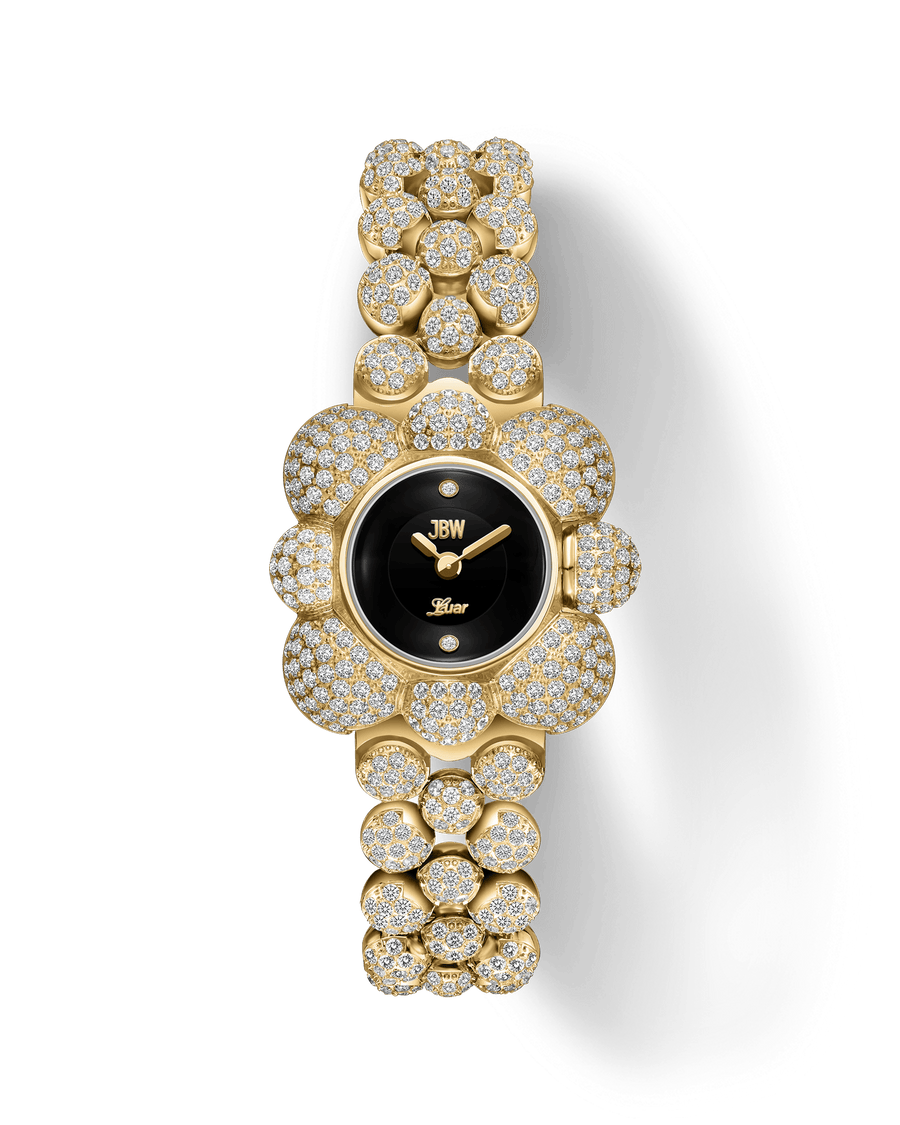 The JBW x Luar – Atmosphere Diamond | J6407A by JBW Watches is a gold wristwatch with a black face, flower-shaped bezel and band encrusted with lab-grown diamonds, powered by precise Swiss quartz movement.