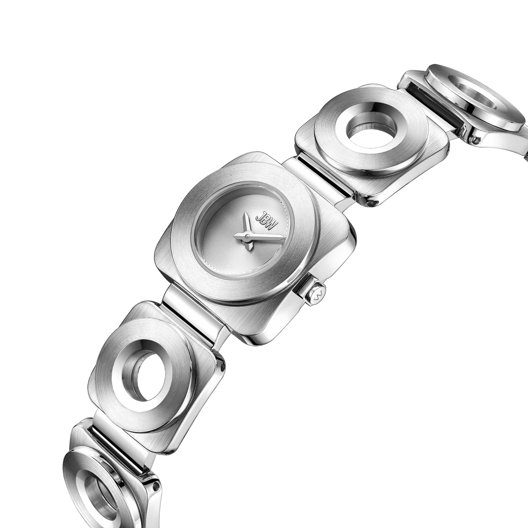 The Chasm (Sample Sale) | J6398B-SC by JBW Watches is a modern stainless steel watch with a square face, minimalist dial, and a unique bracelet featuring alternating solid and hollow square links. Simple hour and minute hands complete the sculpted design.