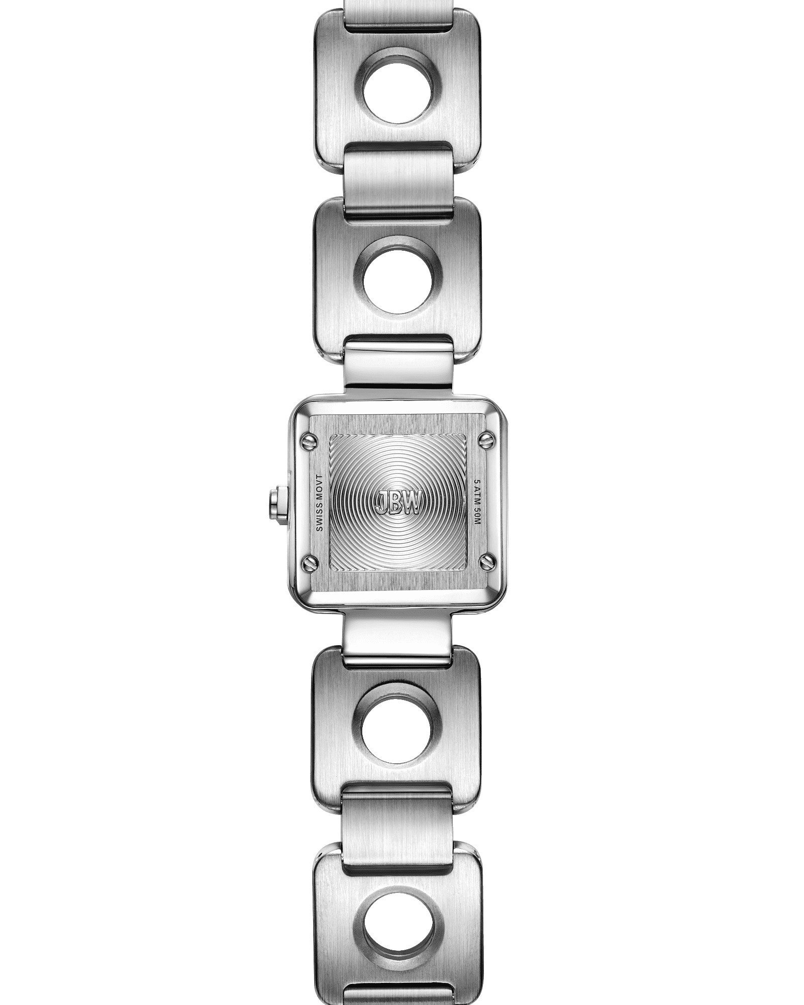 The JBW Watches Chasm (Sample Sale) | J6398B-SC features a stainless steel square case with engraved concentric circles and JBW initials, plus a bracelet of large rectangular links with circular cutouts for a sculpted jewelry look.