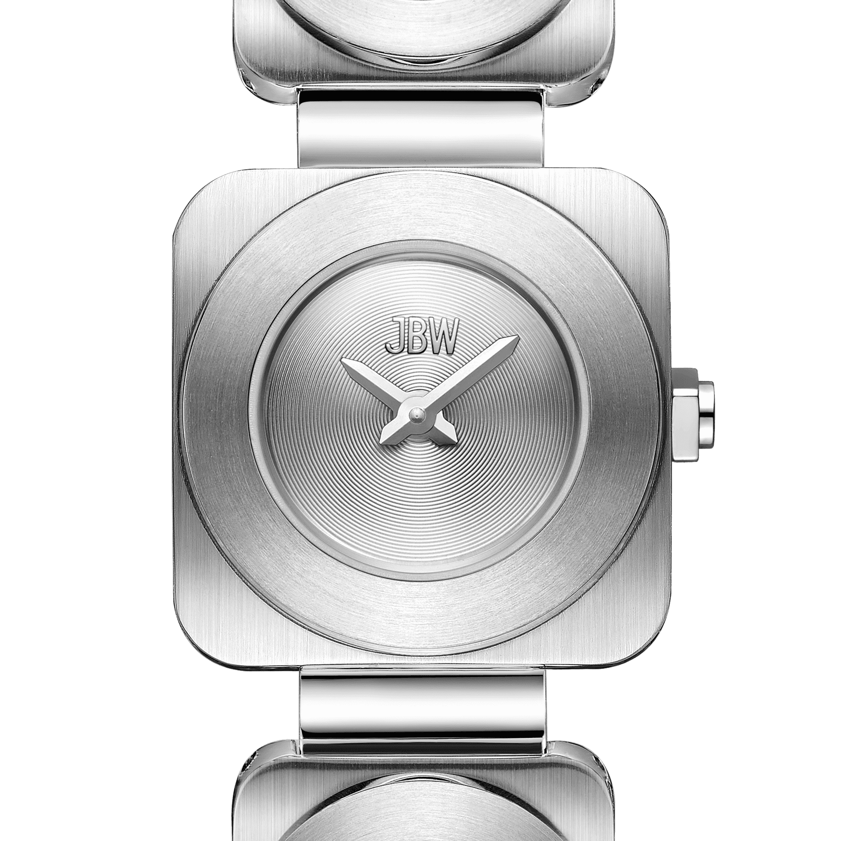 A close-up of the Chasm (Sample Sale) | J6398B-SC by JBW Watches, a modern silver wristwatch with a square face, minimalist metal link band, concentric circles, Swiss Ronda 751 movement, and the JBW logo at the top.