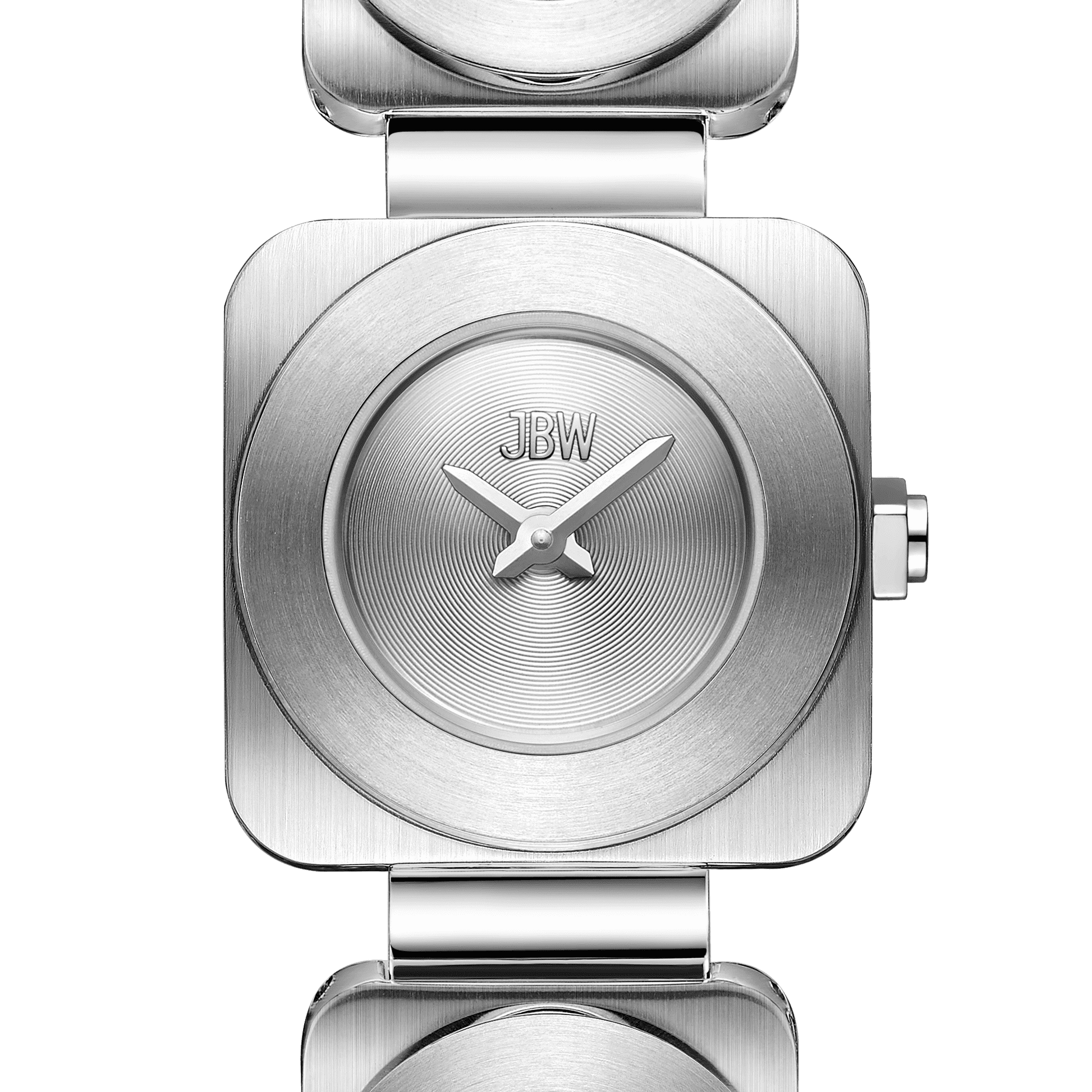 A close-up of the Chasm (Sample Sale) | J6398B-SC by JBW Watches, a modern silver wristwatch with a square face, minimalist metal link band, concentric circles, Swiss Ronda 751 movement, and the JBW logo at the top.