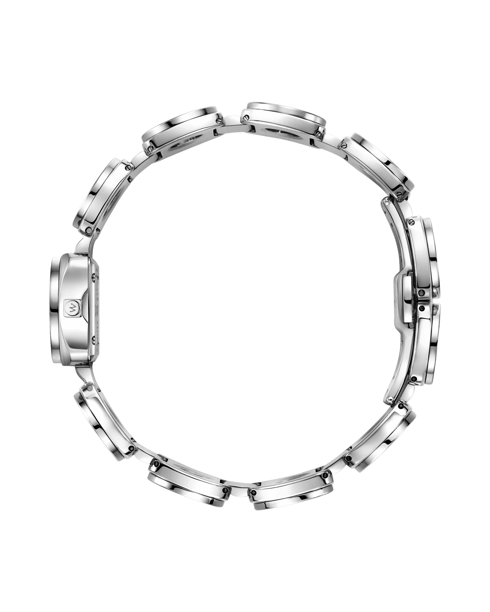 The JBW Watches Chasm (Sample Sale) | J6398B-SC features a circular silver stainless steel case and segmented bracelet, shown from the side to highlight the link thickness and clasp profile against a white background.