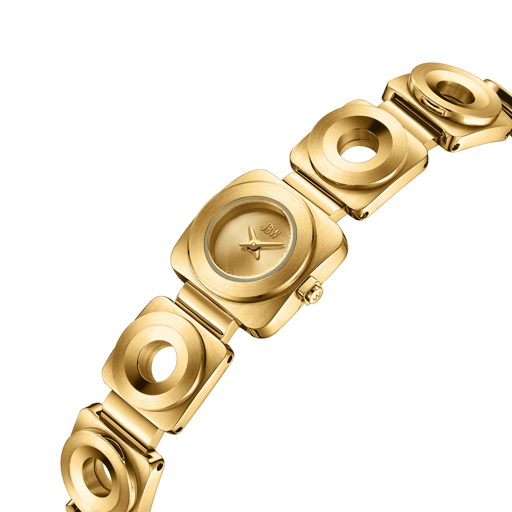 The JBW Watches Chasm Petite | J6400A is an 18k gold-plated timepiece with a square face, circular decorative band links, geometric shapes, and a minimalist dial, shown on a white background.
