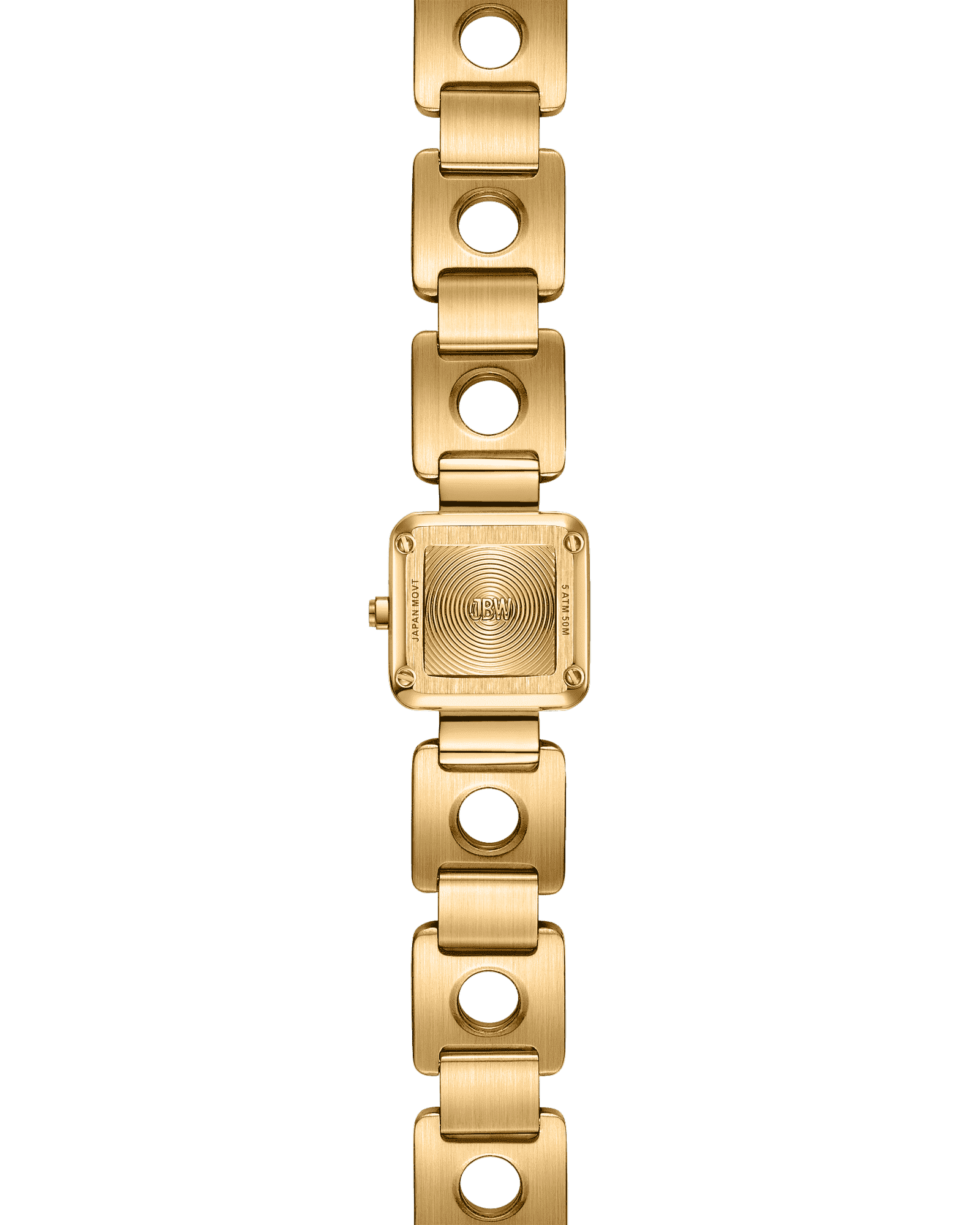 The Chasm Petite | J6400A by JBW Watches is an 18k gold-plated, square-faced jewelry watch with a patterned face and unique circular-link bracelet, featuring a modern minimalist design—displayed vertically on a white background.