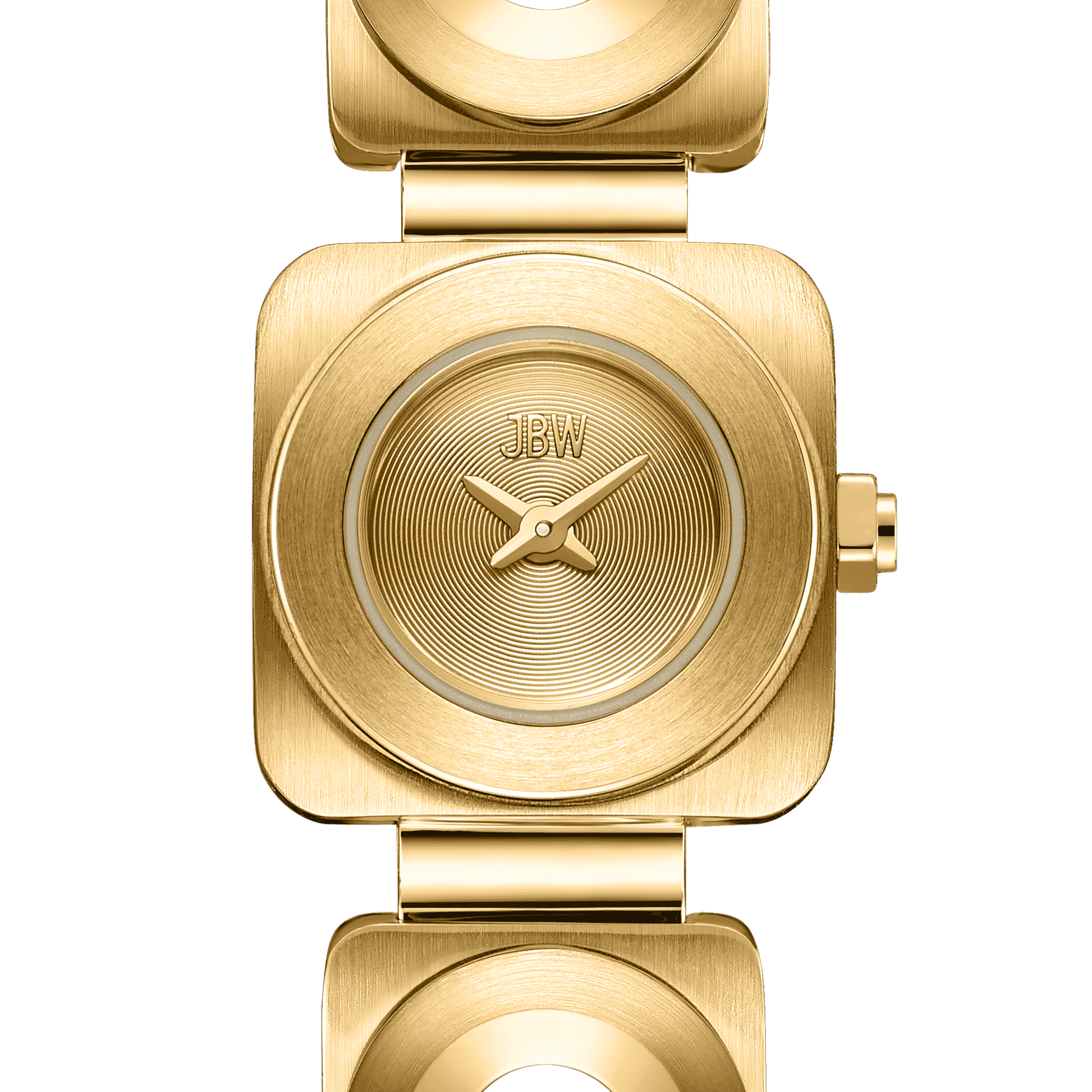 Close-up of the JBW Watches Chasm Petite | J6400A, an 18k gold-plated square timepiece with a minimalist face, textured concentric circles, the JBW logo, and no hour markers, paired with a matching gold metal band.