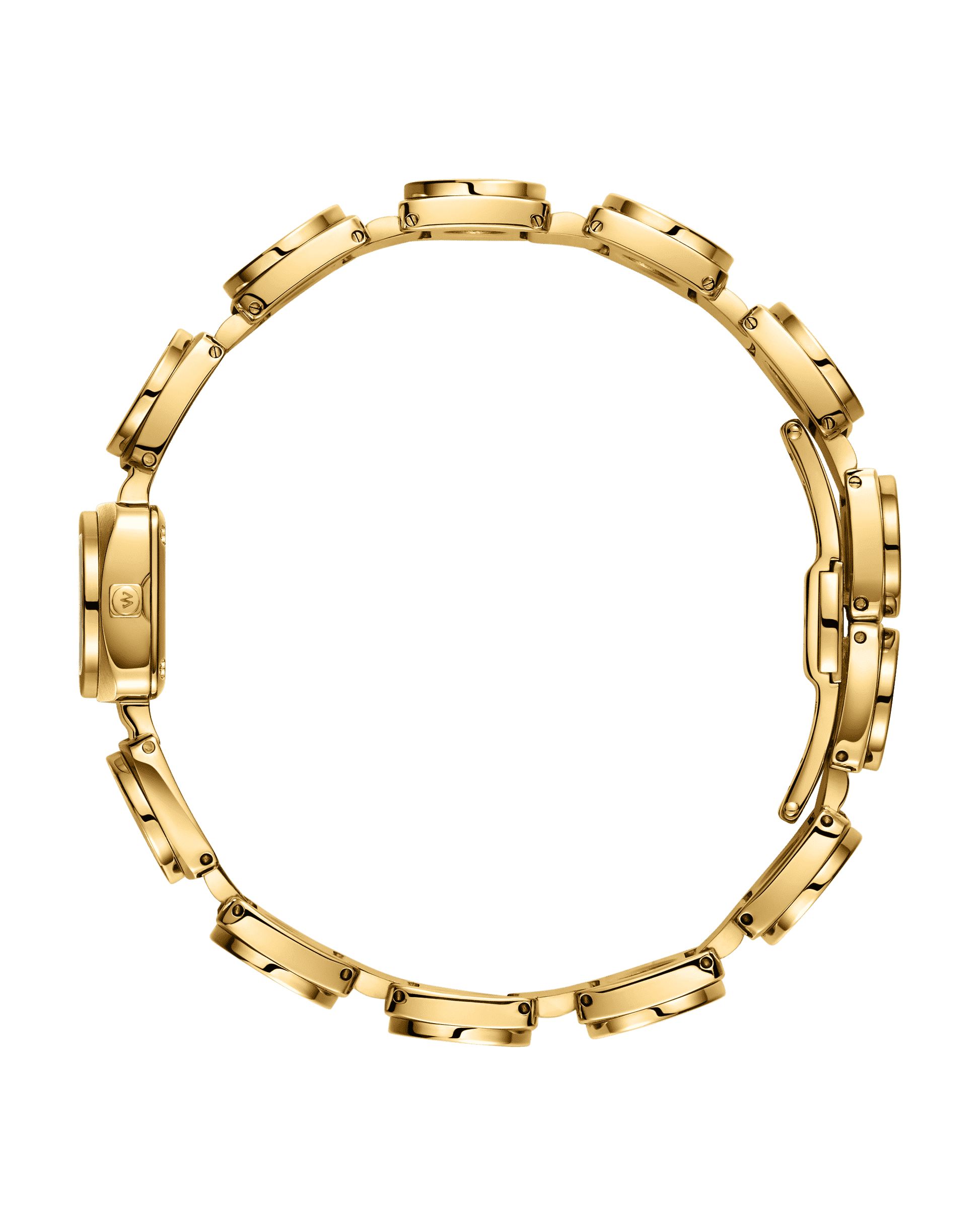 The Chasm Petite | J6400A by JBW Watches features a polished, rectangular-link gold band with visible screws and a clasp, arranged in a circle on a white background—ideal for pairing with an 18k gold-plated watch or elegant jewelry timepiece.