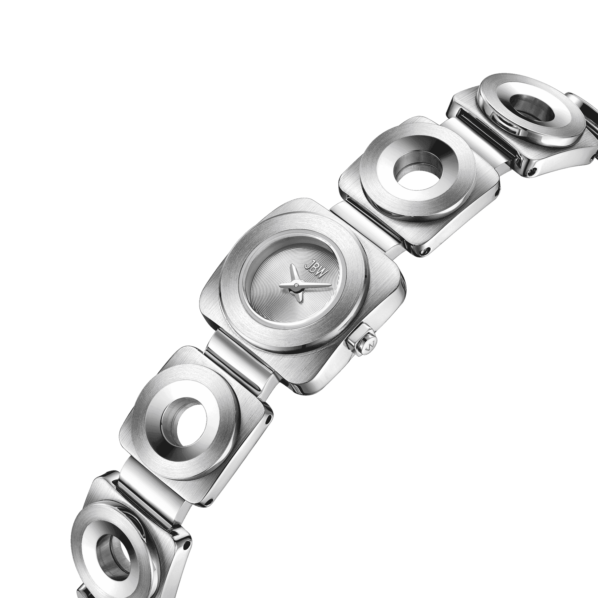The JBW Watches Chasm Petite (Sample Sale) | J6400B-SC is a modern silver wristwatch with a square face and circular open-link stainless steel bracelet, shown angled on white. This minimalist jewelry piece features hour and minute hands without numbers.