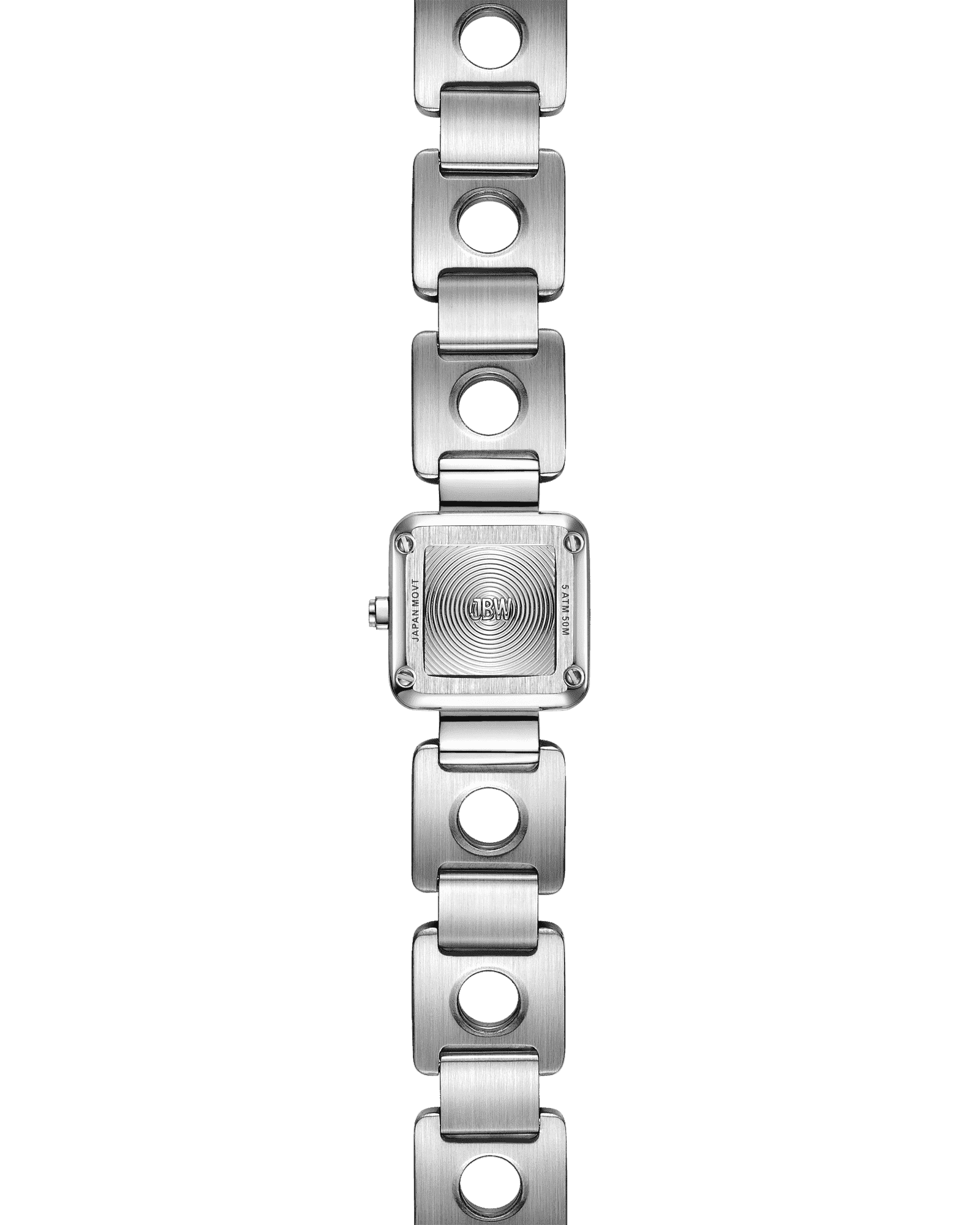 The JBW Watches Chasm Petite (Sample Sale) | J6400B-SC features a silver square face, unique stainless steel bracelet with large rectangular links and circular cutouts, and an engraved, textured back case.