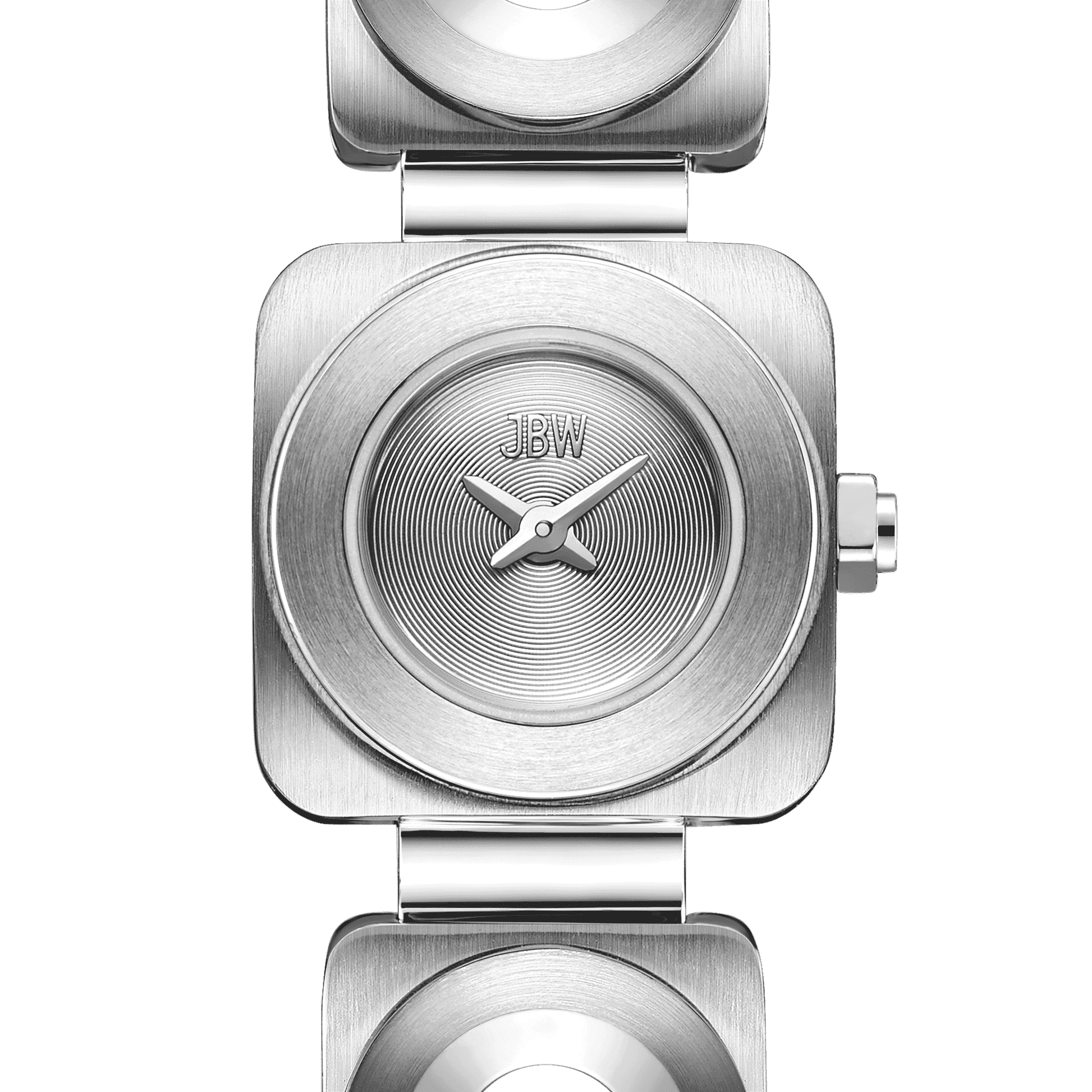 The JBW Watches Chasm Petite (Sample Sale) | J6400B-SC features a silver square face with concentric circle patterns, minimalist silver hands, no hour markers, and a stainless steel bracelet. The refined dial displays the JBW logo at the top.