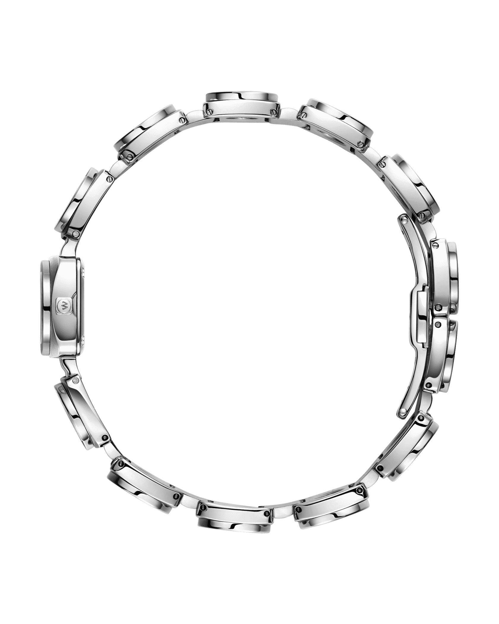 The Chasm Petite (Sample Sale) | J6400B-SC by JBW Watches is displayed sideways against a white background, showcasing its round silver face and stainless steel bracelet arranged in a circle to highlight the case and links.