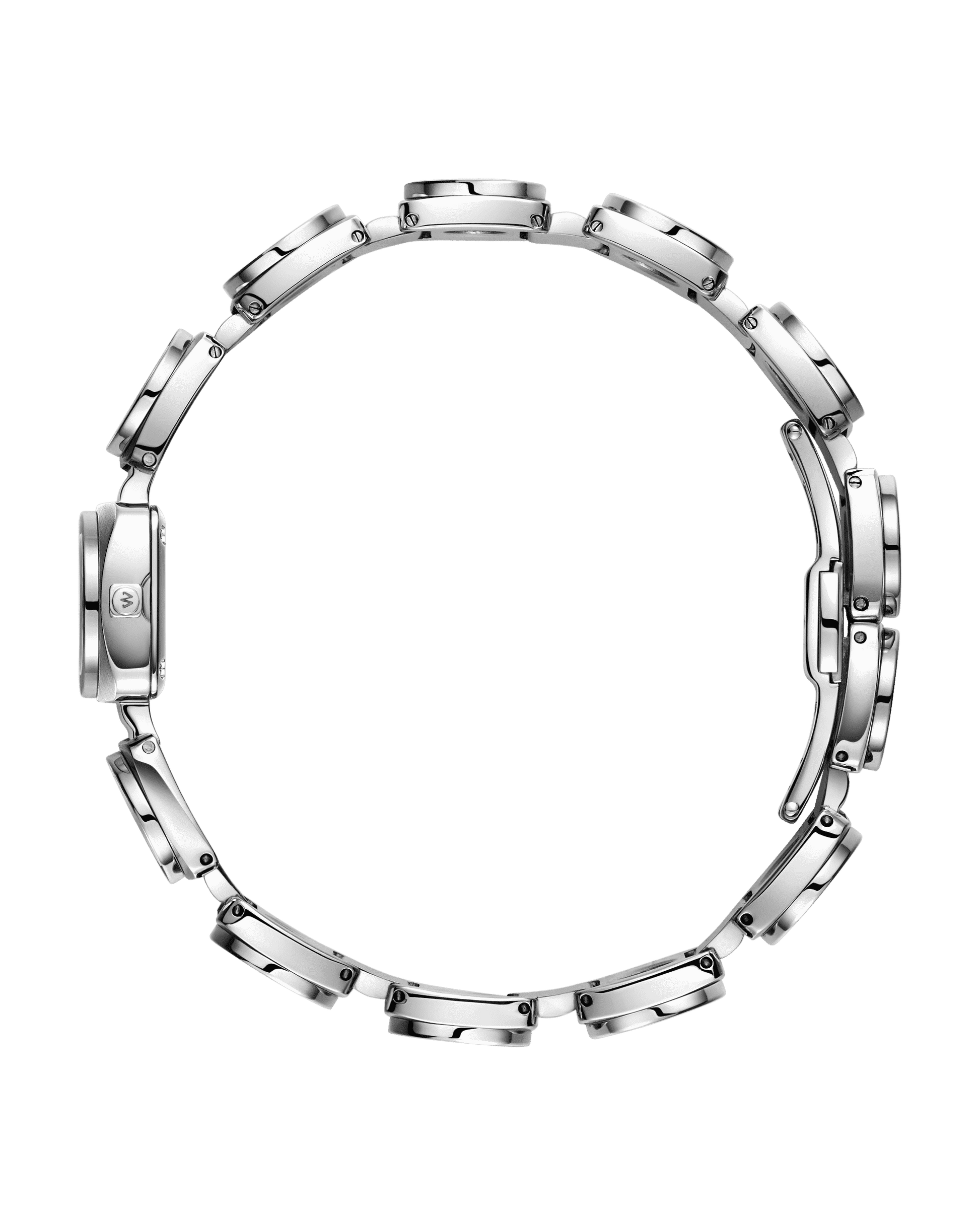 The Chasm Petite (Sample Sale) | J6400B-SC by JBW Watches is displayed sideways against a white background, showcasing its round silver face and stainless steel bracelet arranged in a circle to highlight the case and links.