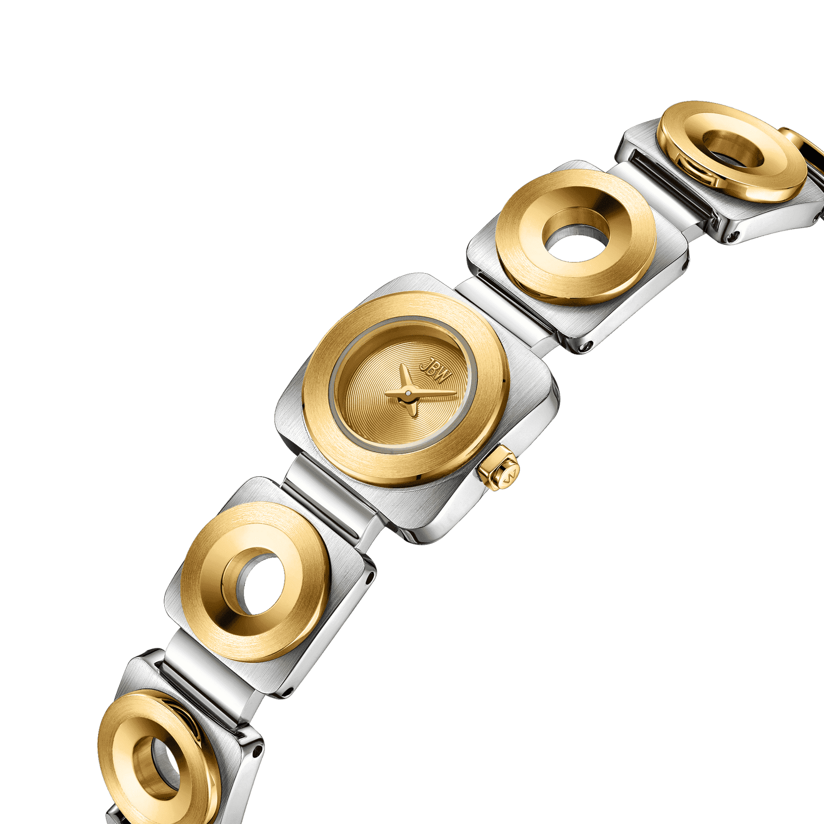 The JBW Watches Chasm Petite (Sample Sale) | J6400C-SC features a square silver case, gold accents, and a two-tone stainless steel bracelet with silver and gold circular links. Shown on a white background.