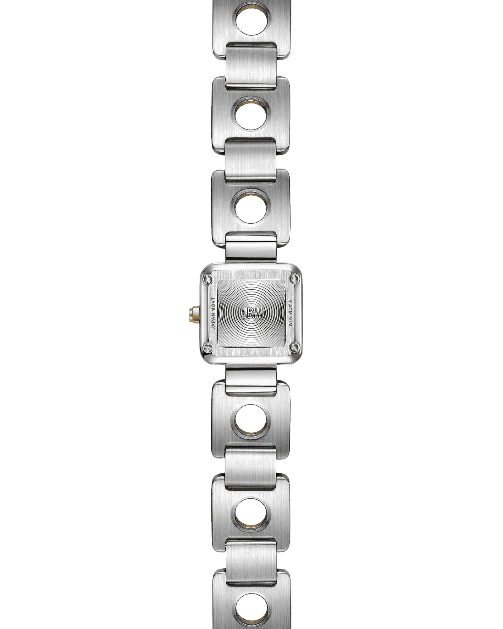 The JBW Watches Chasm Petite (Sample Sale) | J6400C-SC features a silver square face, Japanese VX movement, and a geometric brushed metal band with large circular cutouts, shown on a white background.