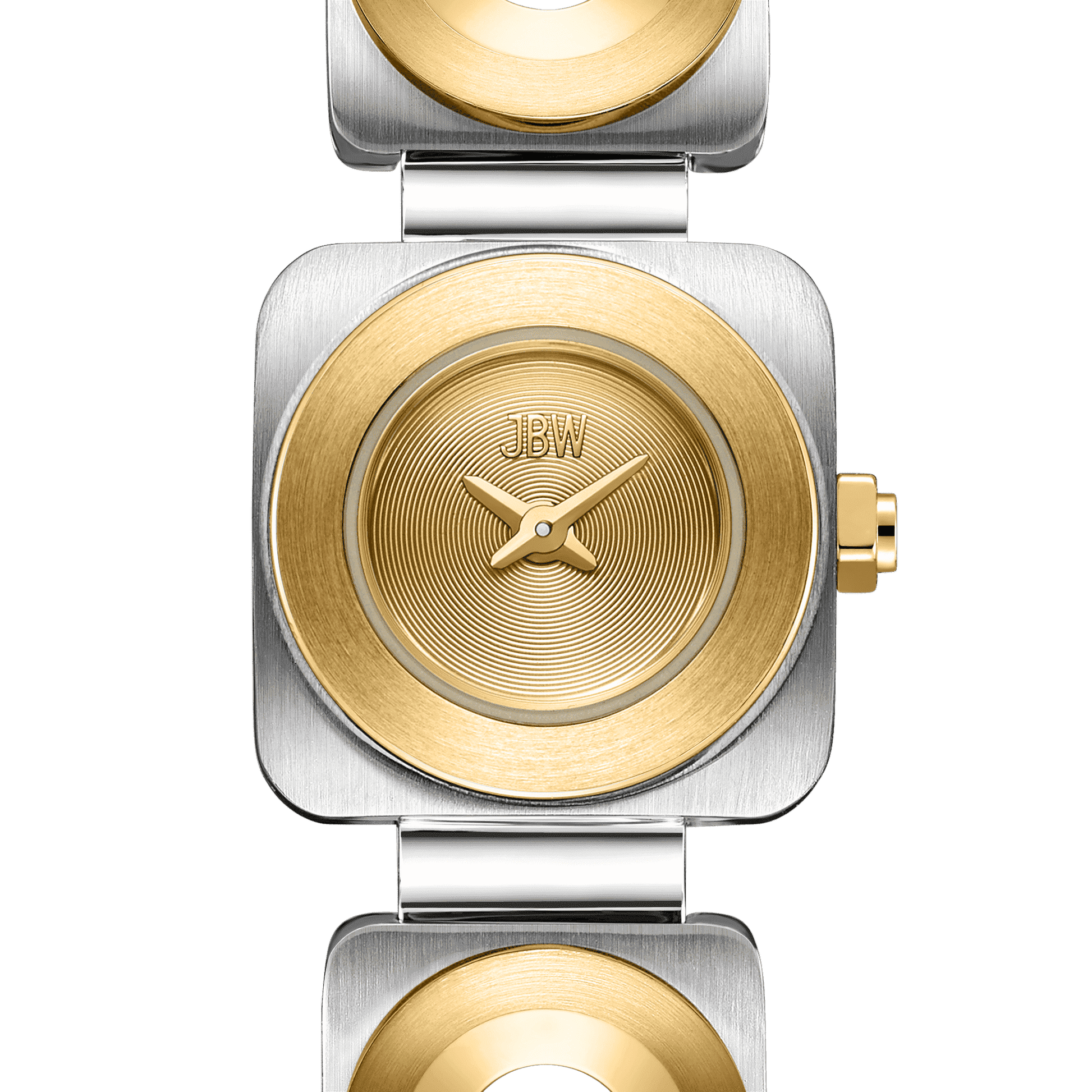 The JBW Watches Chasm Petite (Sample Sale) | J6400C-SC is a square two-tone stainless steel watch with a brushed finish, 18k gold-plated bezel, gold hands, concentric textured face, and the JBW logo—no numbers or markers.