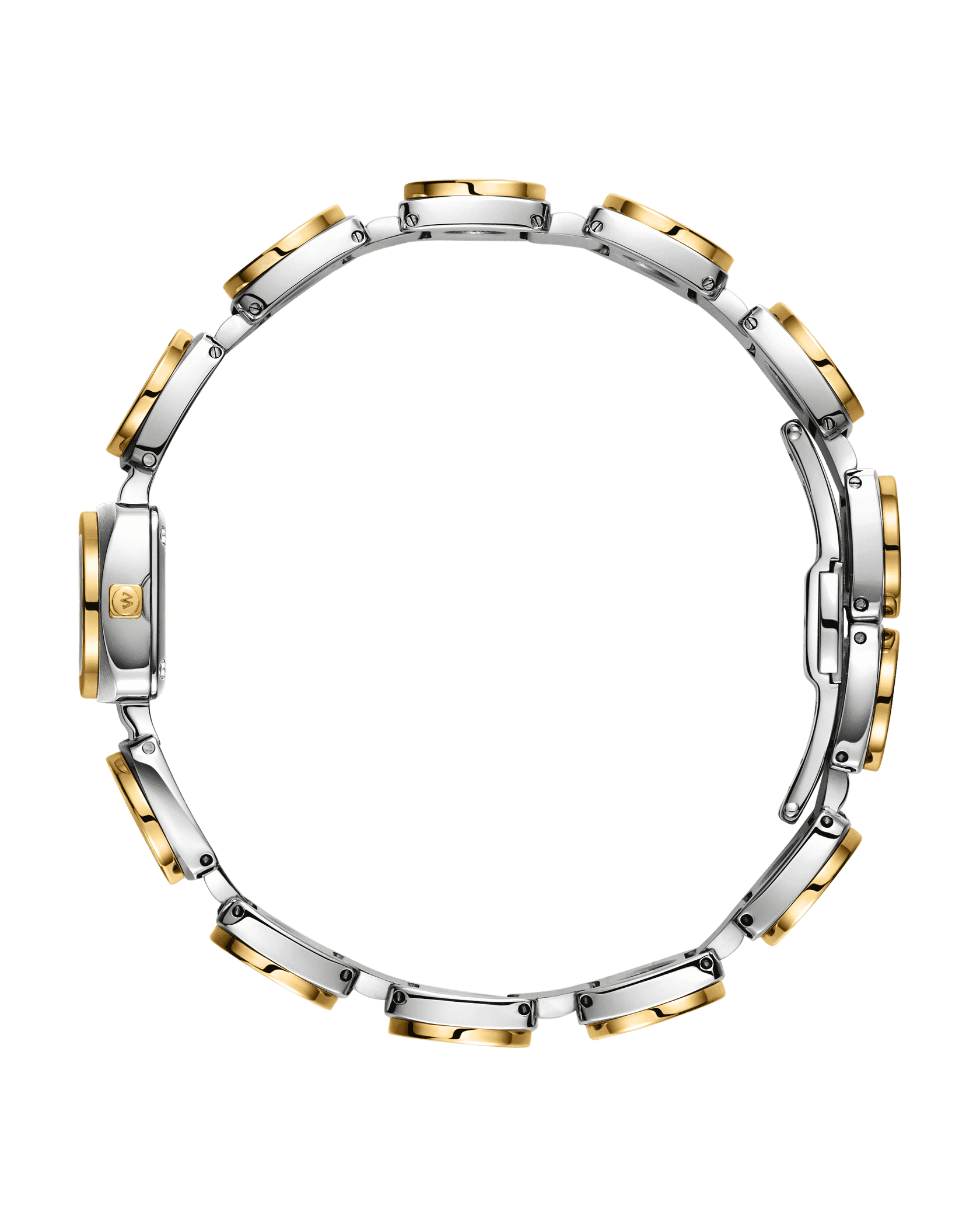 A circular arrangement of Chasm Petite (Sample Sale) | J6400C-SC two-tone stainless steel and 18k gold-plated watch cases by JBW Watches forms a ring, displayed on a white background.