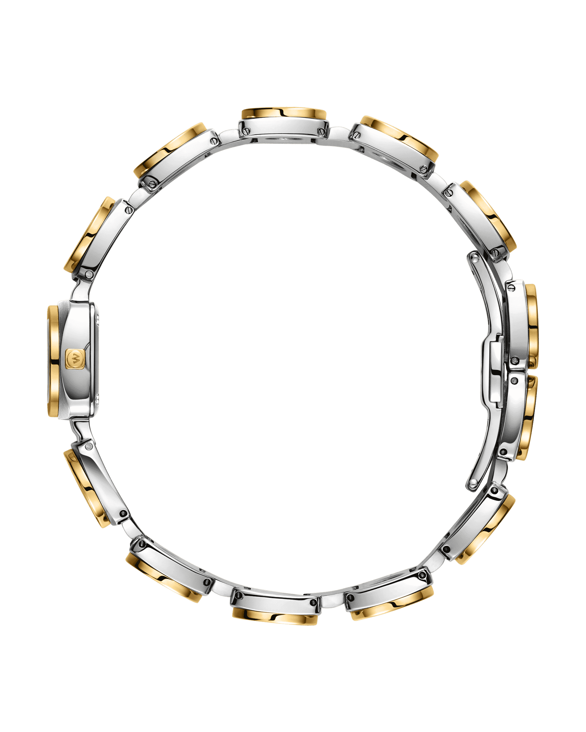 A circular arrangement of Chasm Petite (Sample Sale) | J6400C-SC two-tone stainless steel and 18k gold-plated watch cases by JBW Watches forms a ring, displayed on a white background.