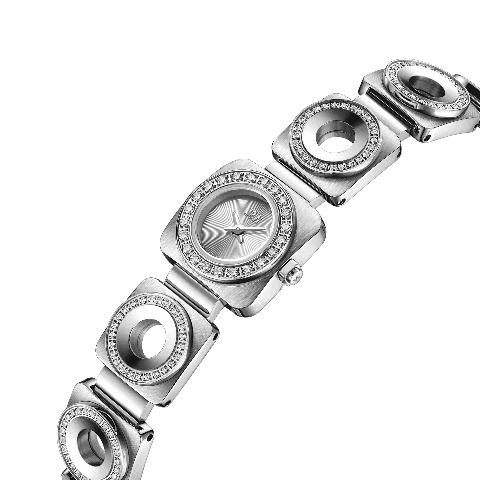 The JBW Watches Chasm Petite (Sample Sale) | J6401B-GA features a silver stainless steel square face, no numbers, and a bracelet band with circular links embellished with premium crystals. Final Sale watch.
