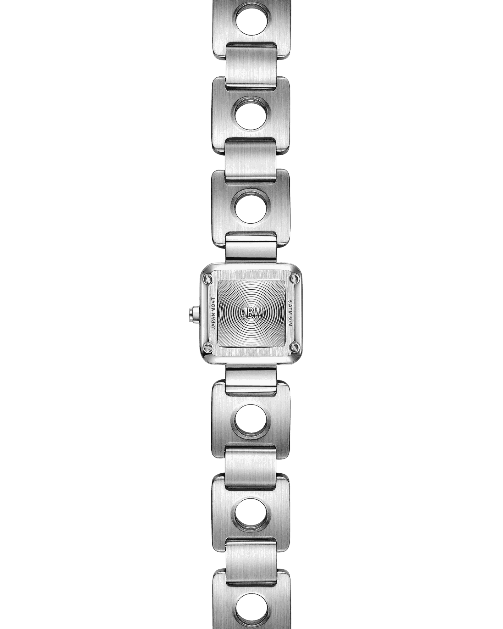 The JBW Watches Chasm Petite (Sample Sale) | J6401B-GA features a stainless steel square face, a brushed metal band with prominent circular cutouts in each link, and a minimalist dial without numbers or hands, seen from above.