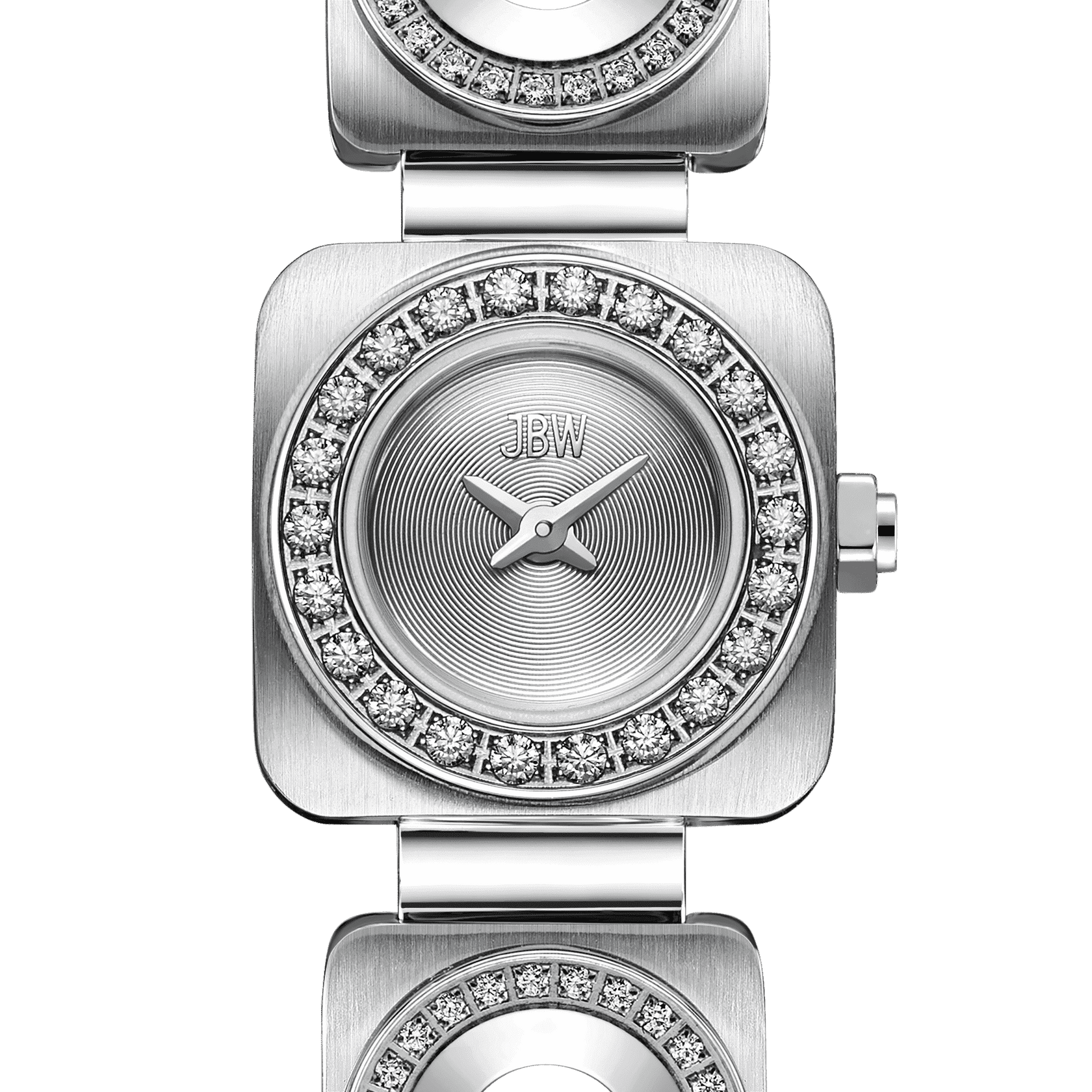 The Chasm Petite (Sample Sale) | J6401B-GA by JBW Watches features a square stainless steel face, diamond-studded bezel, concentric dial pattern with central JBW branding, and a matching metal link bracelet.