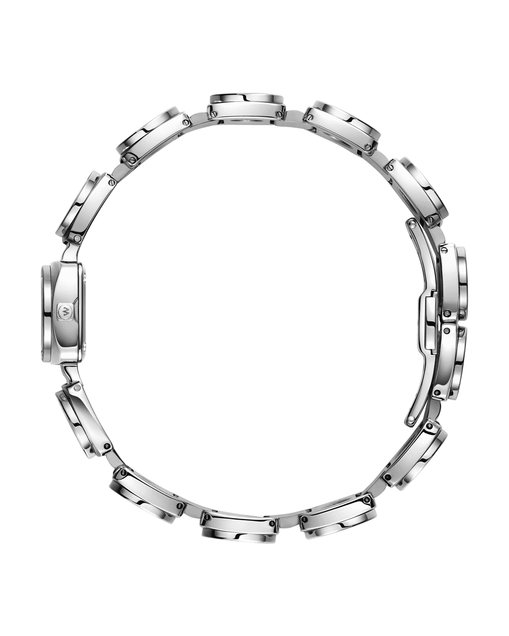 A Chasm Petite (Sample Sale) | J6401B-GA watch band by JBW Watches, silver and polished, is arranged in a perfect circle with a visible clasp on the right, viewed from above against a plain white background.