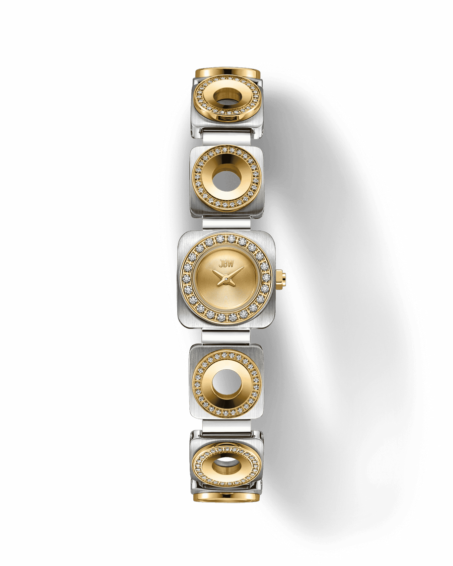 The Chasm Petite | J6401C by JBW Watches is an 18k gold-plated watch with a gold face, crystal-set bezel, and a band of alternating gold and silver links, each accented with crystals, displayed on a plain white background.