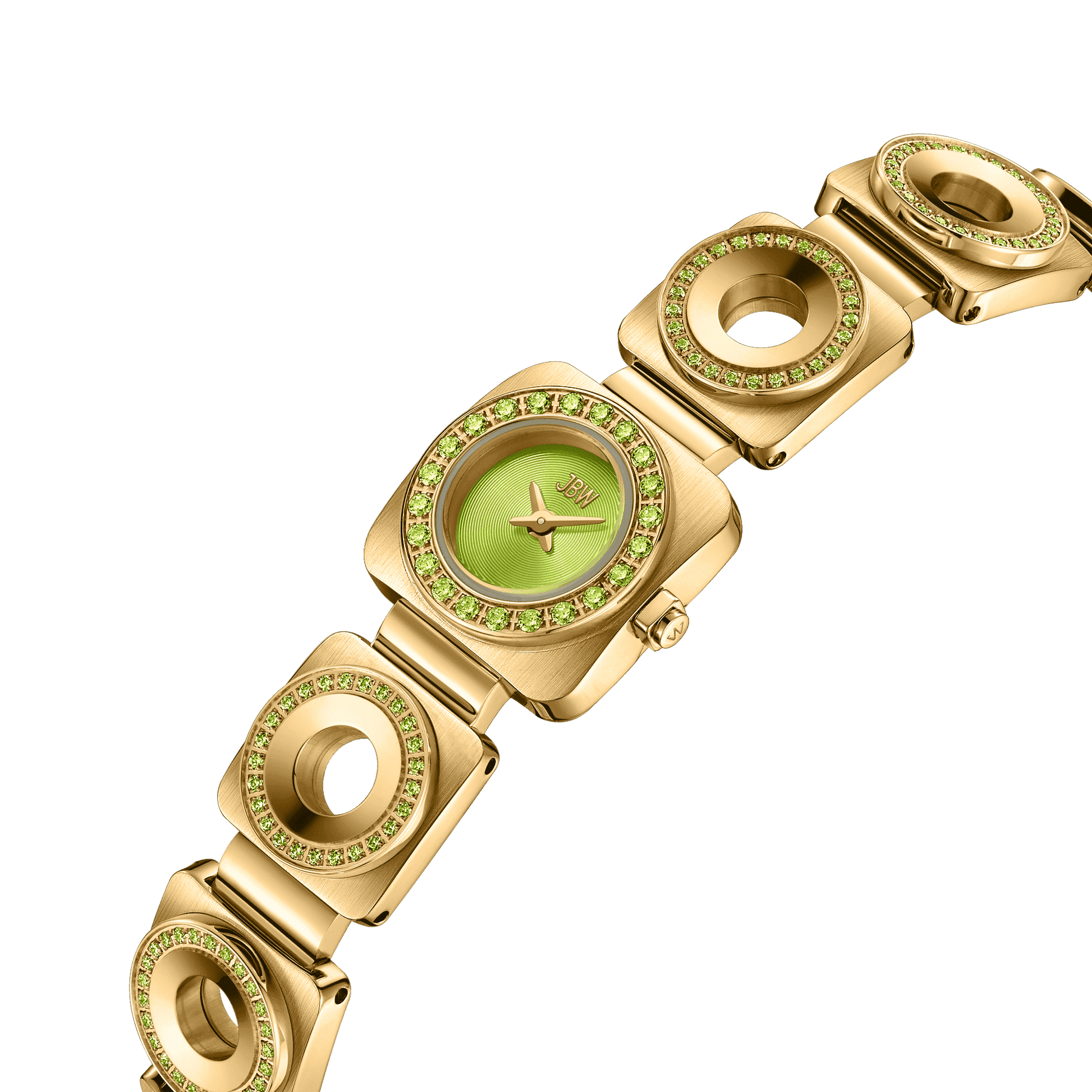 The JBW Watches Chasm Petite (Sample Sale) | J6401D-SC features an 18k gold-plated bracelet with circular links, a green face, and is accented by small green gemstones and premium crystals for a modern, elegant style.