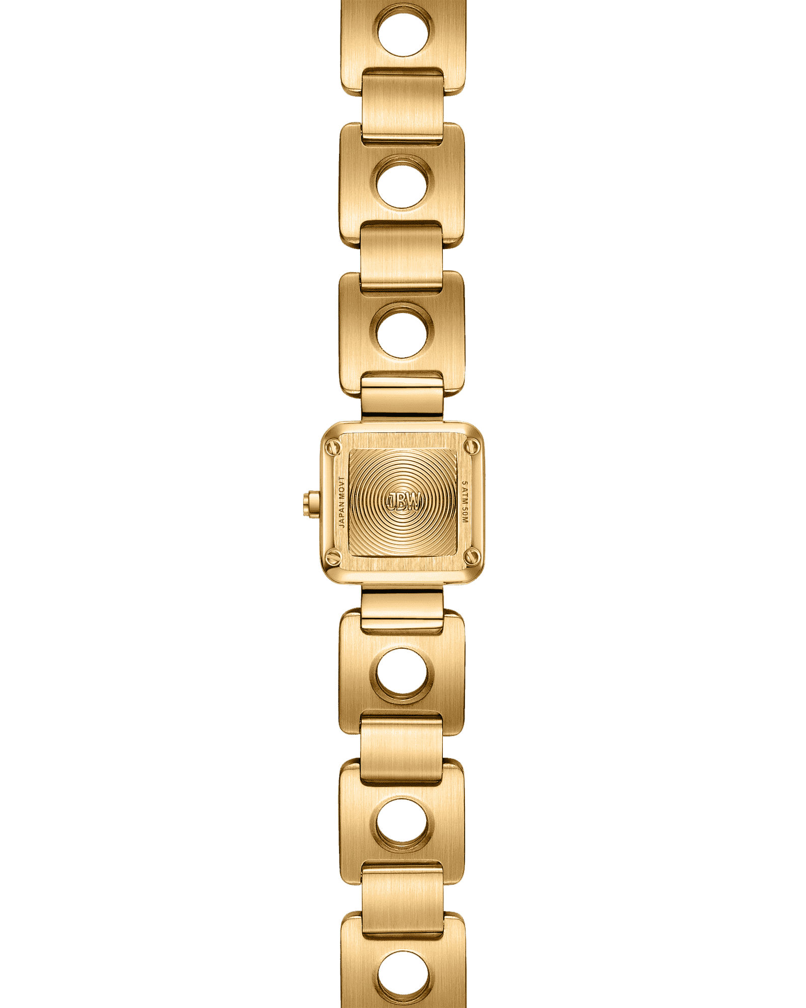 The Chasm Petite (Sample Sale) | J6401D-SC by JBW Watches is an 18k gold-plated wristwatch with a square, engraved face and a unique large-link bracelet. It’s displayed vertically on a white background.