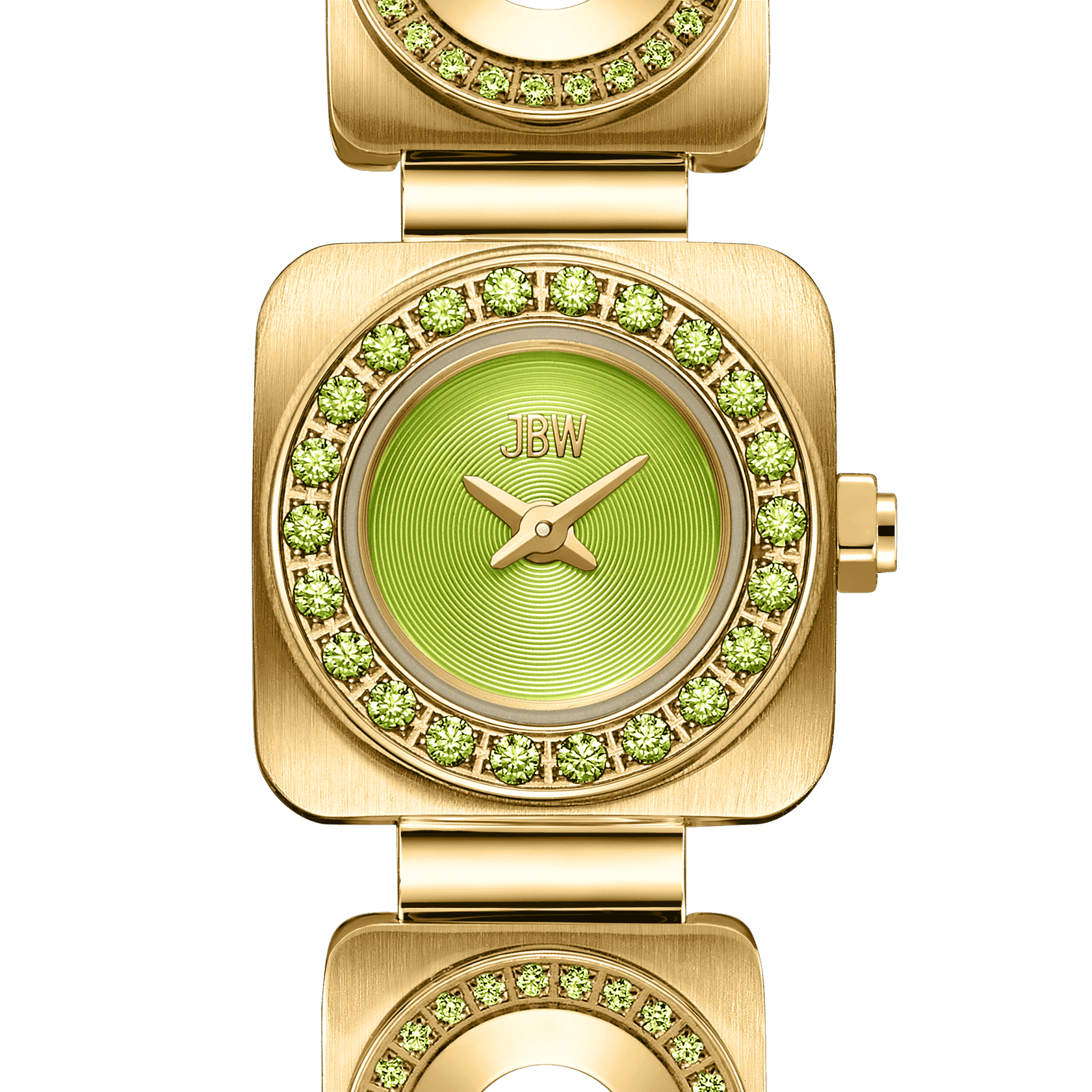 A close-up of the JBW Watches Chasm Petite (Sample Sale) | J6401D-SC, an 18k gold-plated watch with a square case, green dial, premium crystals on the bezel, gold hands, metal link band, and Japanese VX movement for a luxe look.