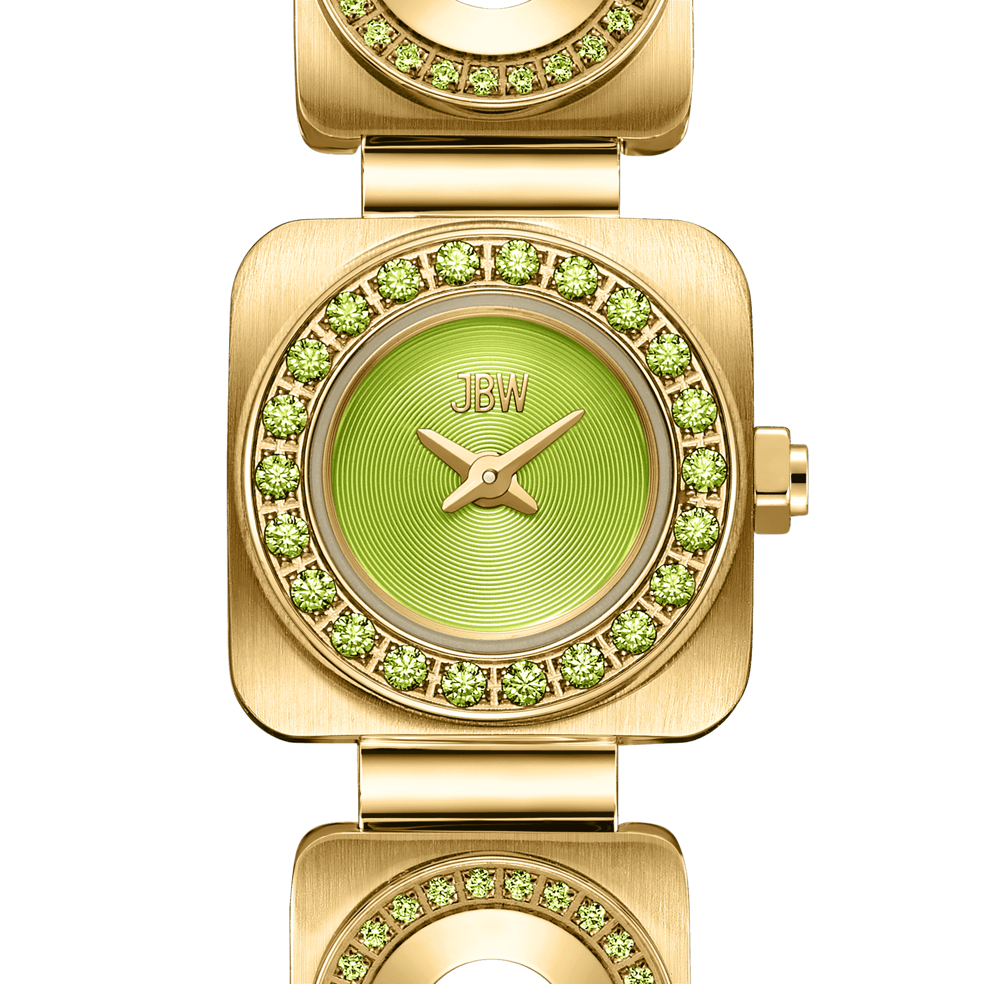 A close-up of the JBW Watches Chasm Petite (Sample Sale) | J6401D-SC, an 18k gold-plated watch with a square case, green dial, premium crystals on the bezel, gold hands, metal link band, and Japanese VX movement for a luxe look.