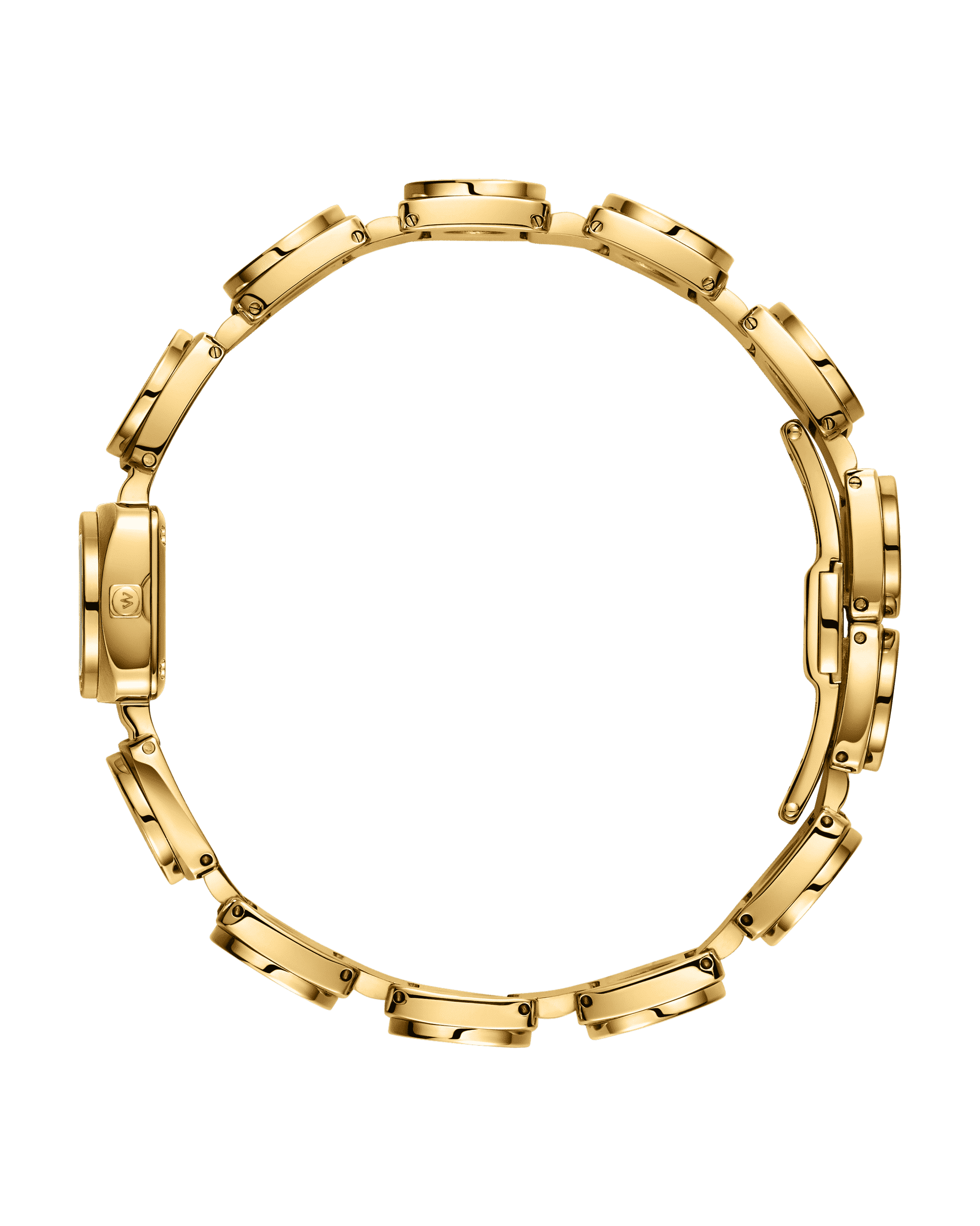 The Chasm Petite (Sample Sale) | J6401D-SC by JBW Watches is displayed side-on with its 18k gold-plated band fully extended in a circle, showcasing the links and clasp on a plain white background.