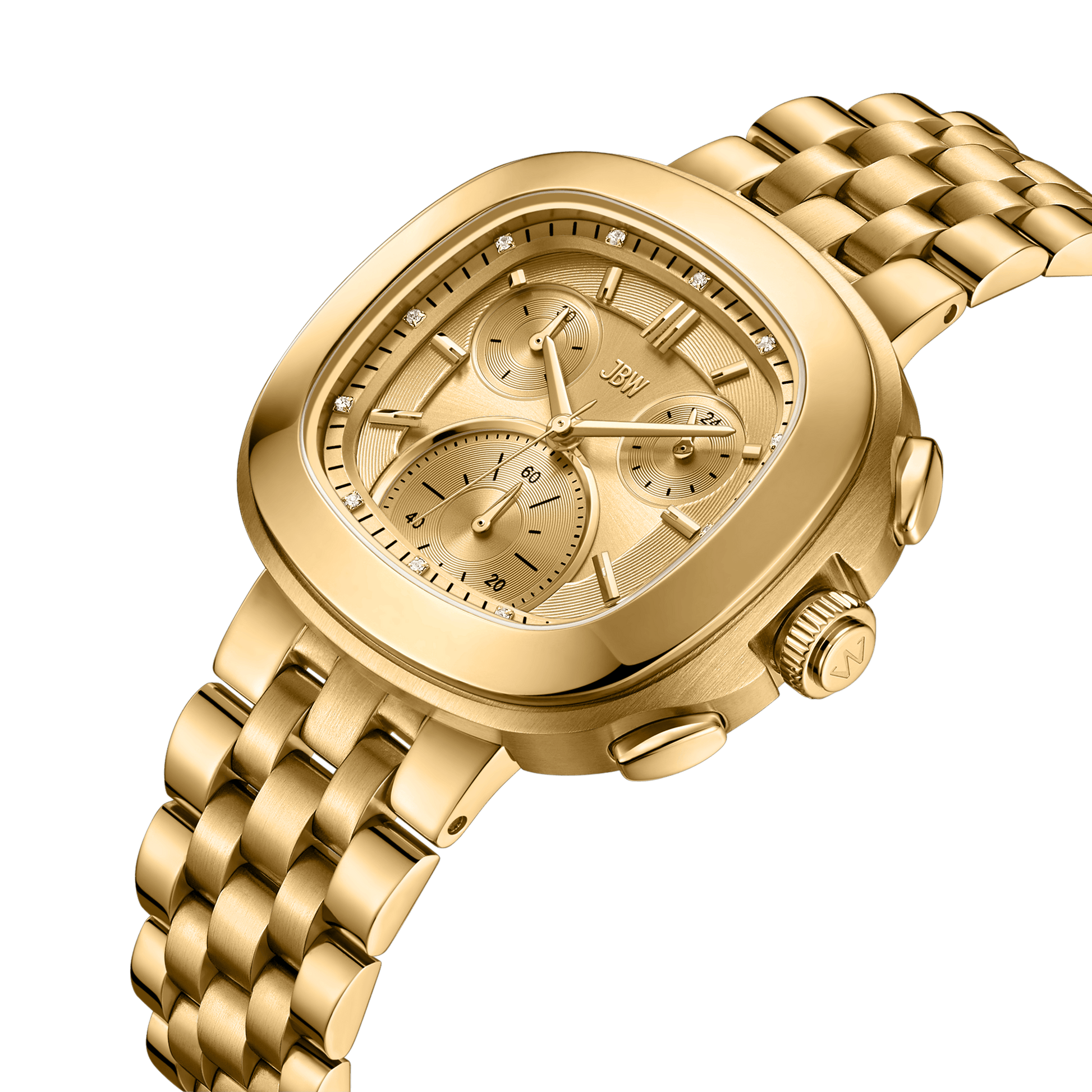 The Coast | J6397A by JBW Watches is a gold stainless steel chronograph watch with a square face, three sub-dials, side buttons, a polished metal link bracelet, all showcased on a white background.