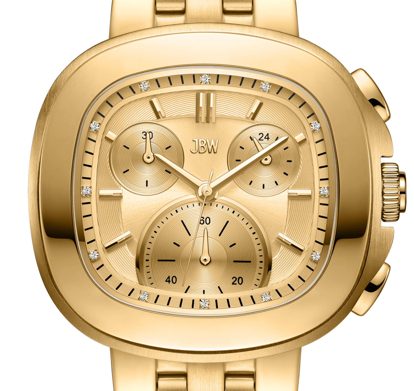 Close-up of the JBW Watches Coast | J6397A gold chronograph with three subdials, lab-grown diamond hour markers, and a textured metallic dial. Features a linked gold band and the brands logo on the watch face.