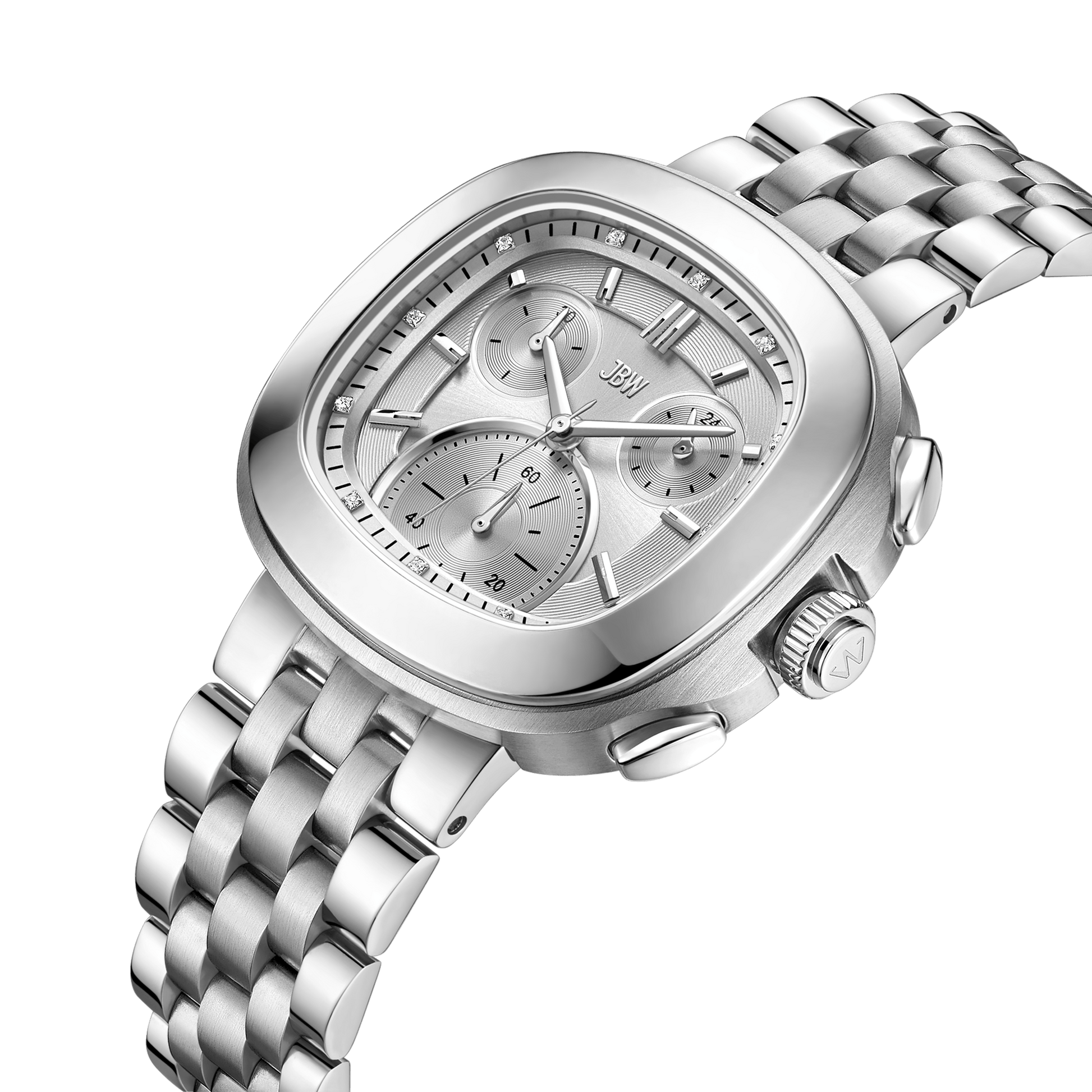 The JBW Watches Coast | J6397B is a silver 38mm stainless steel chronograph with a rectangular, rounded case, silver dial with three subdials, and metal link bracelet, shown at an angle on a plain white background.