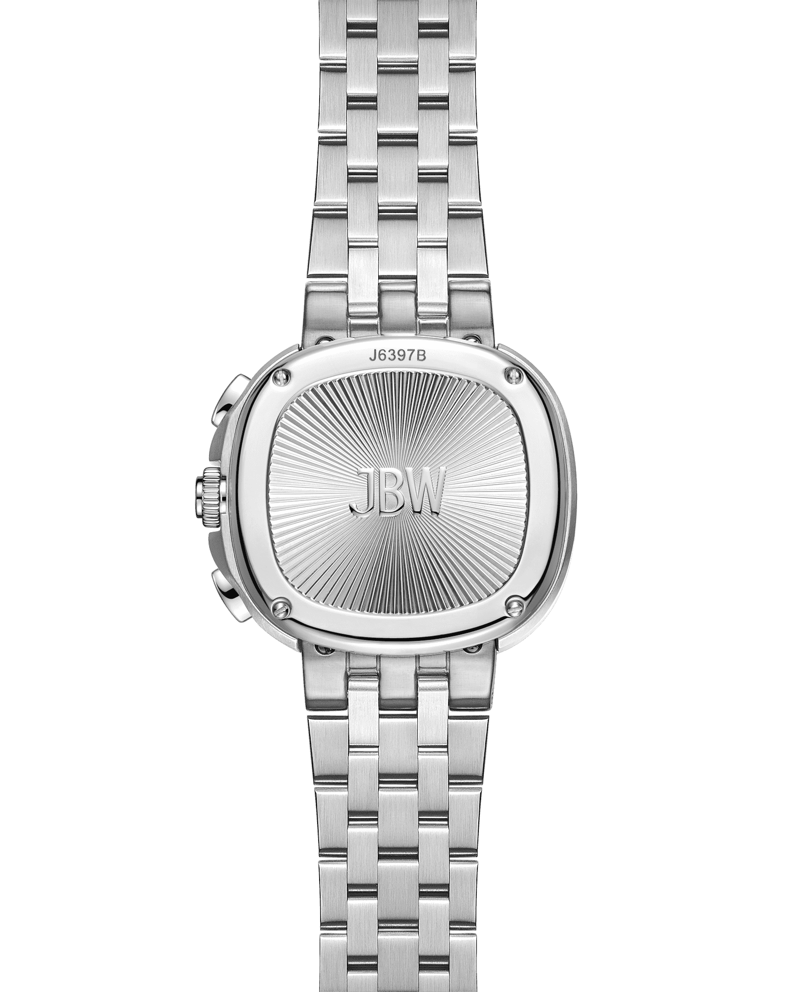 A 38mm Coast | J6397B watch by JBW Watches, seen from the back, shows a brushed sunburst rectangular stainless steel case engraved with JBW and J6397B, attached to a linked metal bracelet.