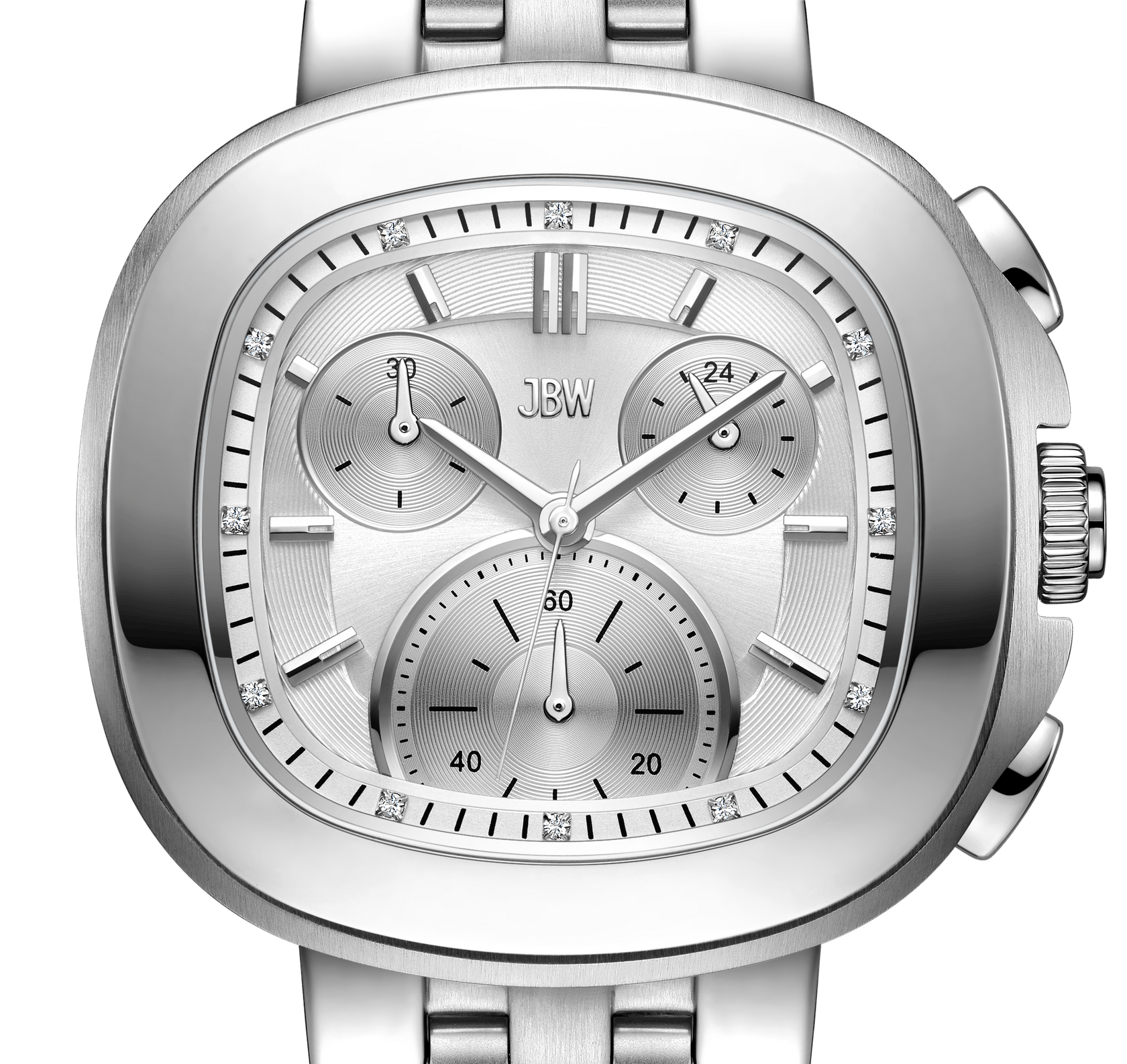 Close-up of the JBW Watches Coast | J6397B, a luxury 38mm stainless steel watch with a square bezel, three subdials, diamond hour markers, visible metal band, and chronograph features. Brand name appears on the face.