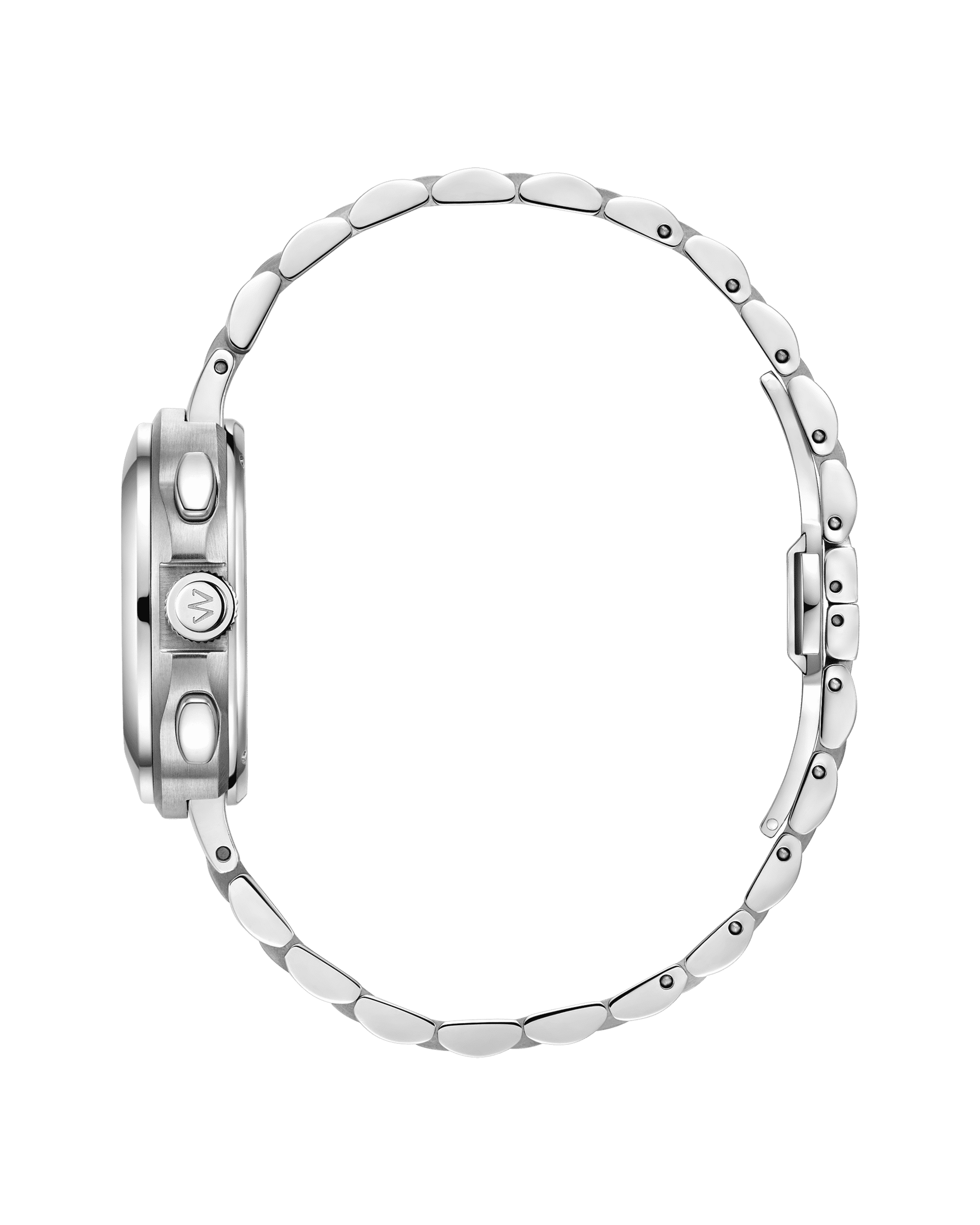 Side view of the JBW Watches Coast | J6397B, a 38mm stainless steel watch with round case, crown, and link bracelet, shown against a plain white background.