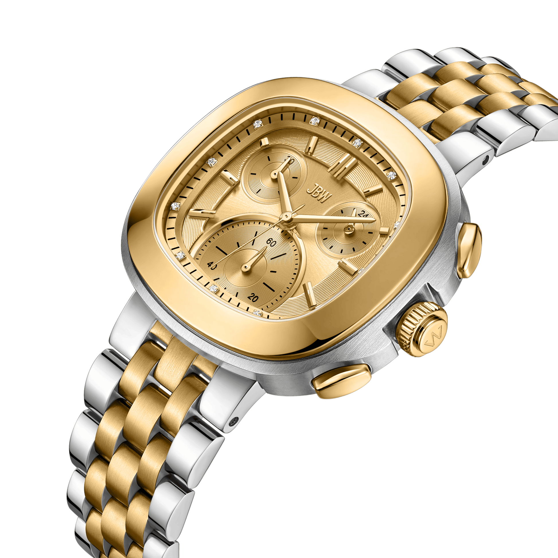 The Coast | J6397C by JBW Watches is a luxury stainless steel chronograph featuring a gold and silver metal band, square gold face with three sub-dials, two side buttons, and the JBW logo on the dial.